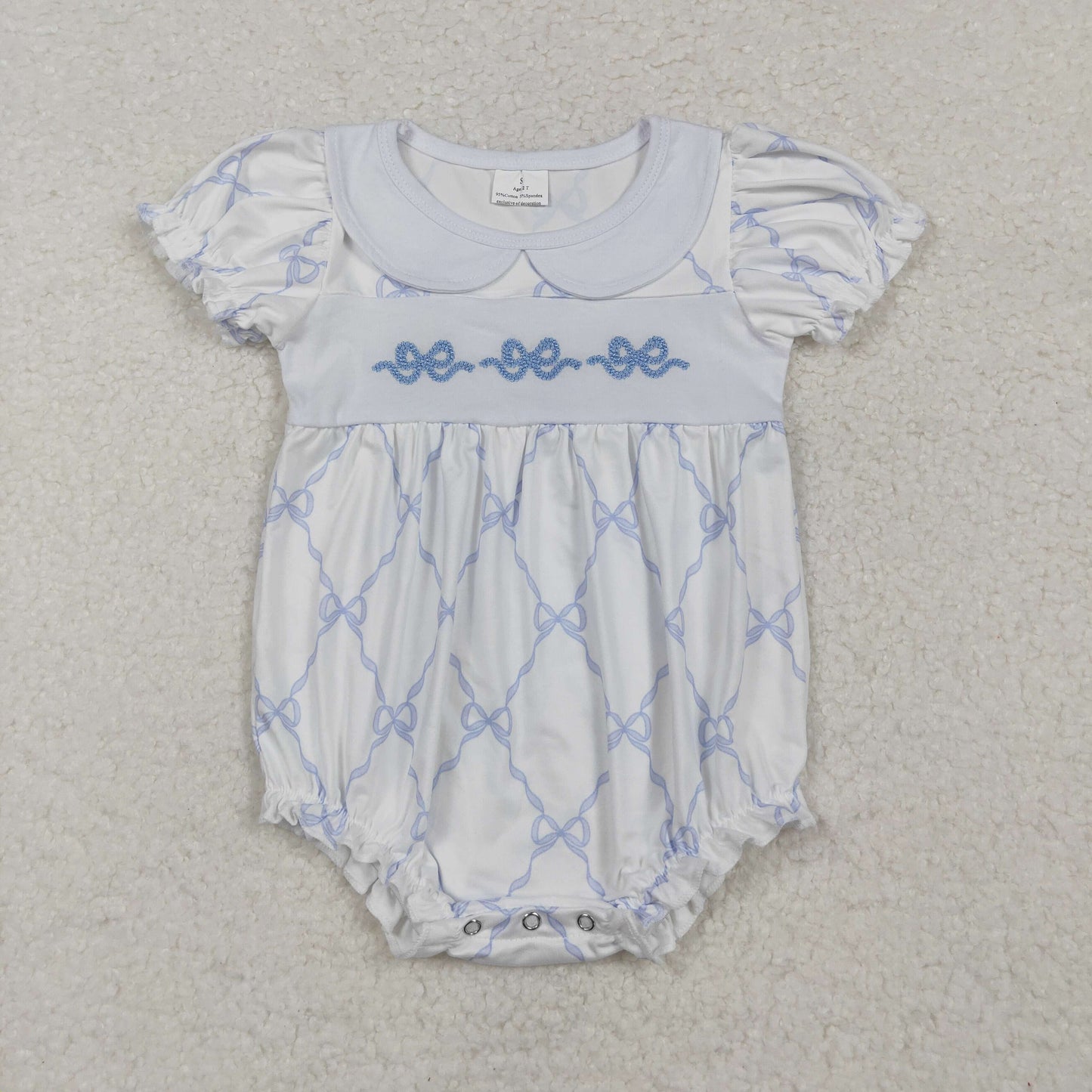 embroidery SR1969 blue bows short sleeve girls romper