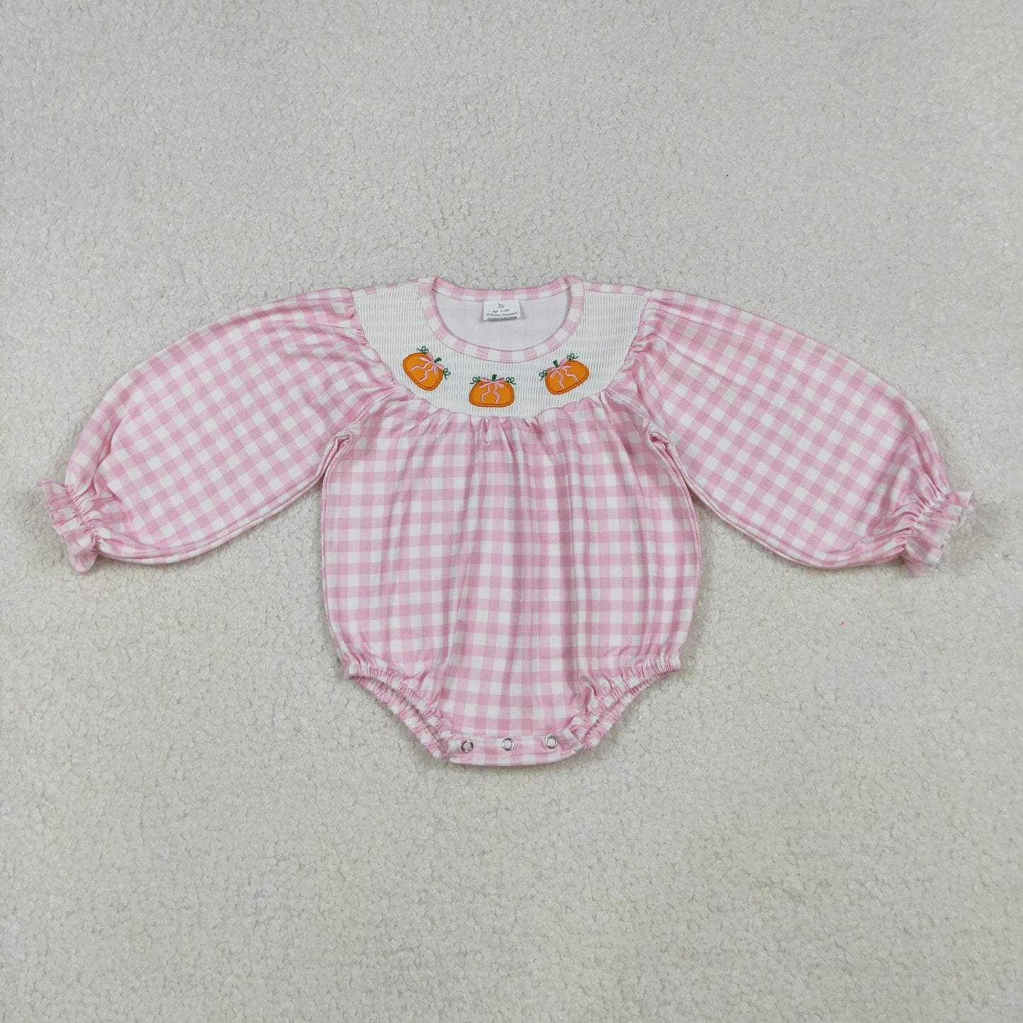 smocked embroidery LR2181 Autumn pumpkin bows pink checkered long sleeve girls romper