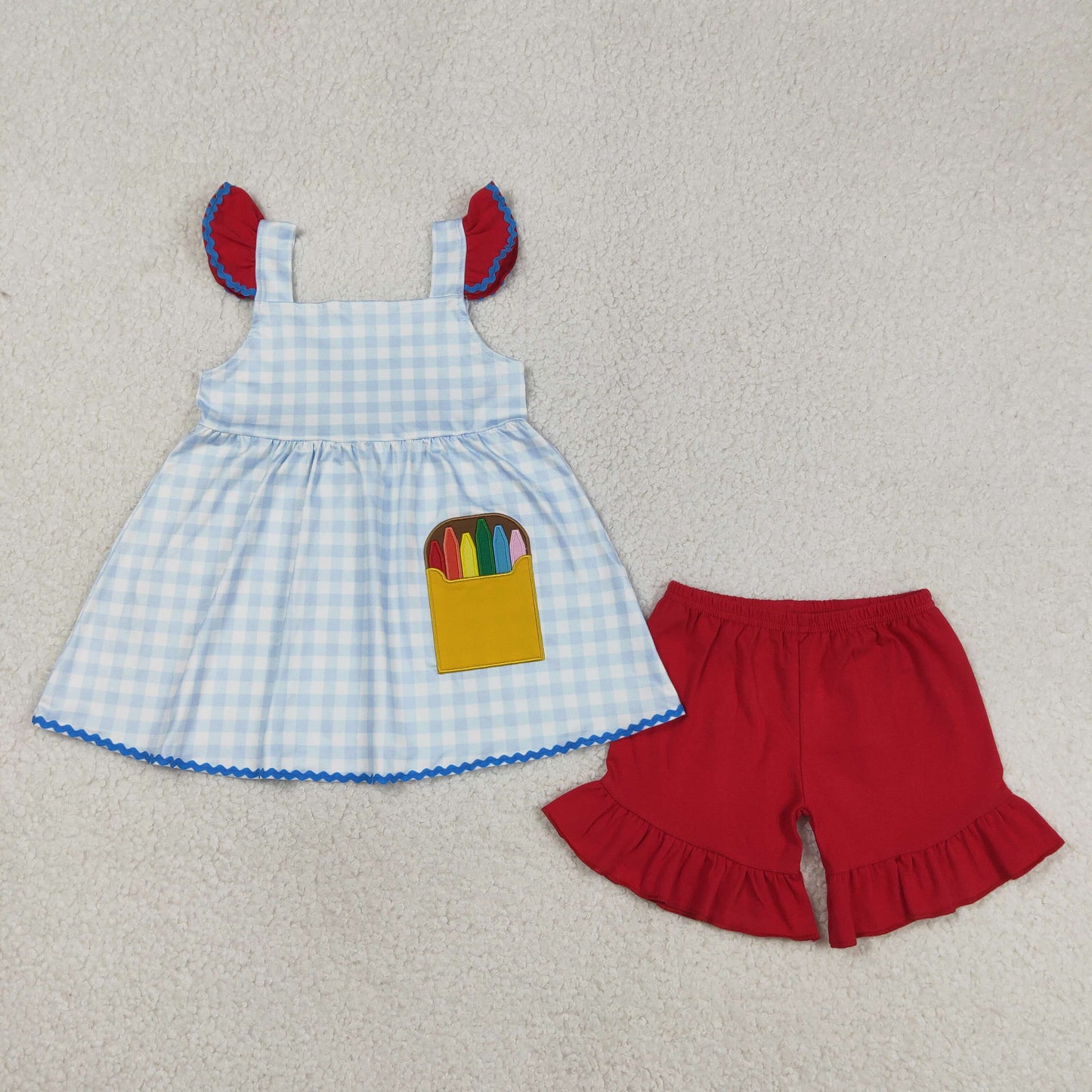 Embroidery GSSO3101 Back To School Pen Flutter Sleeve Red Shorts Girls Set