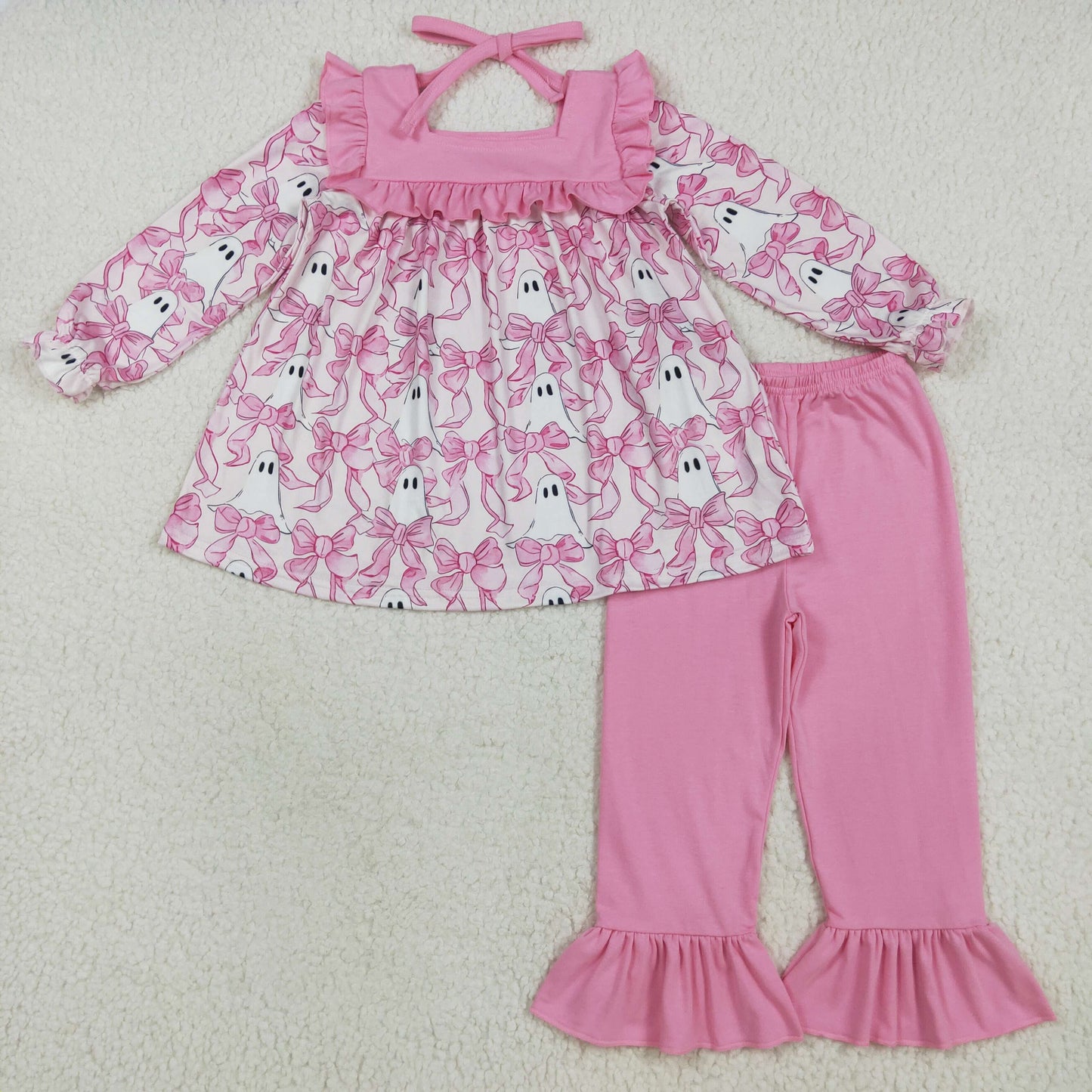 GLP2362 Halloween spooky pink bows long sleeve pink pants girls set