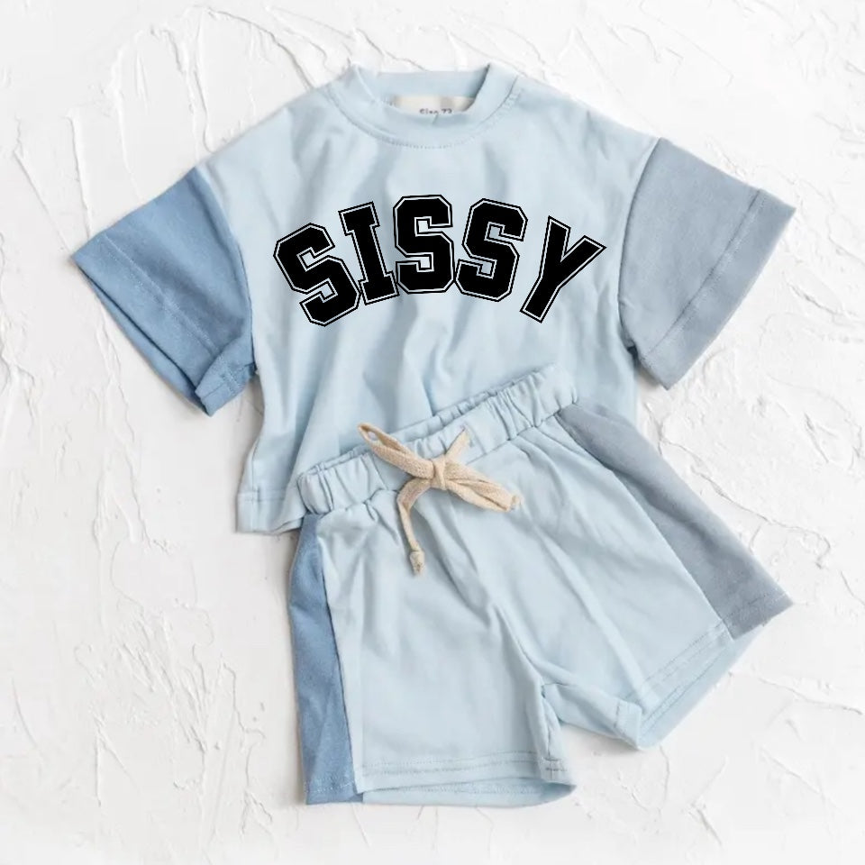 custom moq 3 sissy blue stitch short sleeve shorts kids set