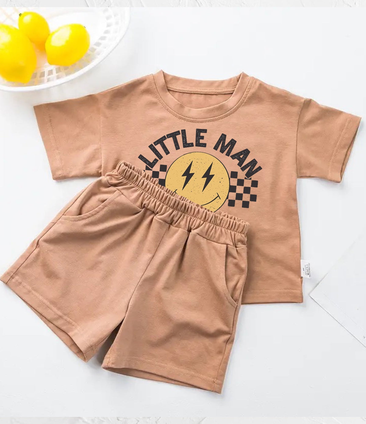 custom moq 3 little man smile brown short sleeve shorts boys set