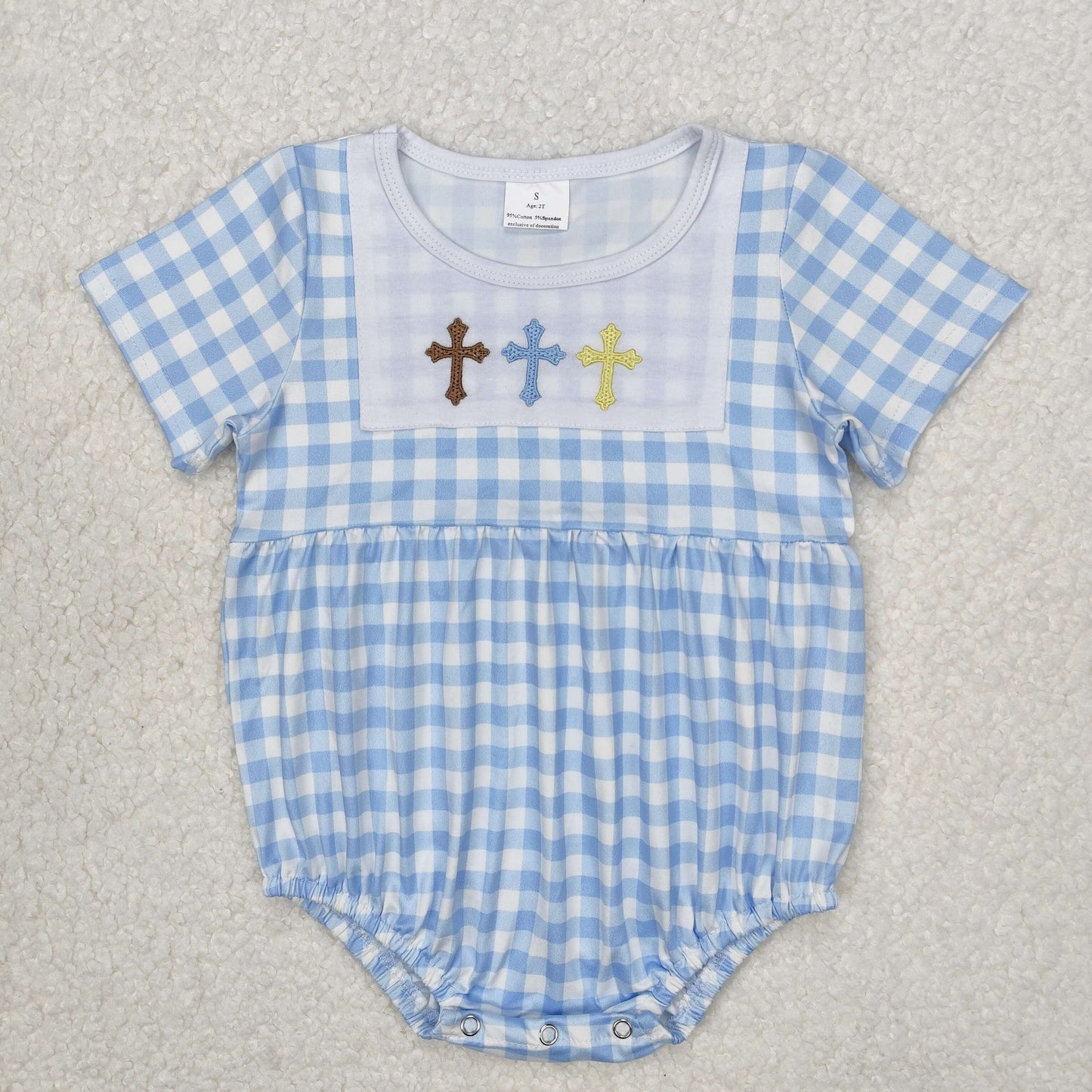 embroidery SR2134 Easter cross blue checkered short sleeve boys romper