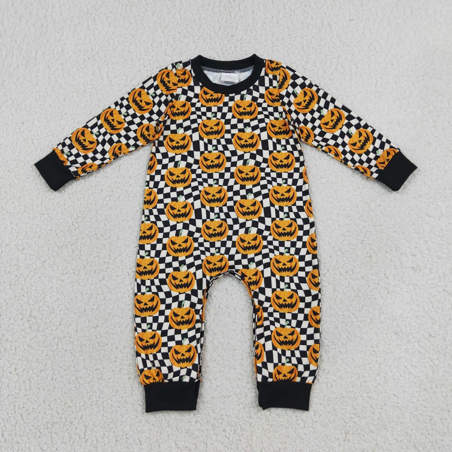 LR1389 Halloween pumpkin black checkered long sleeve boys romper