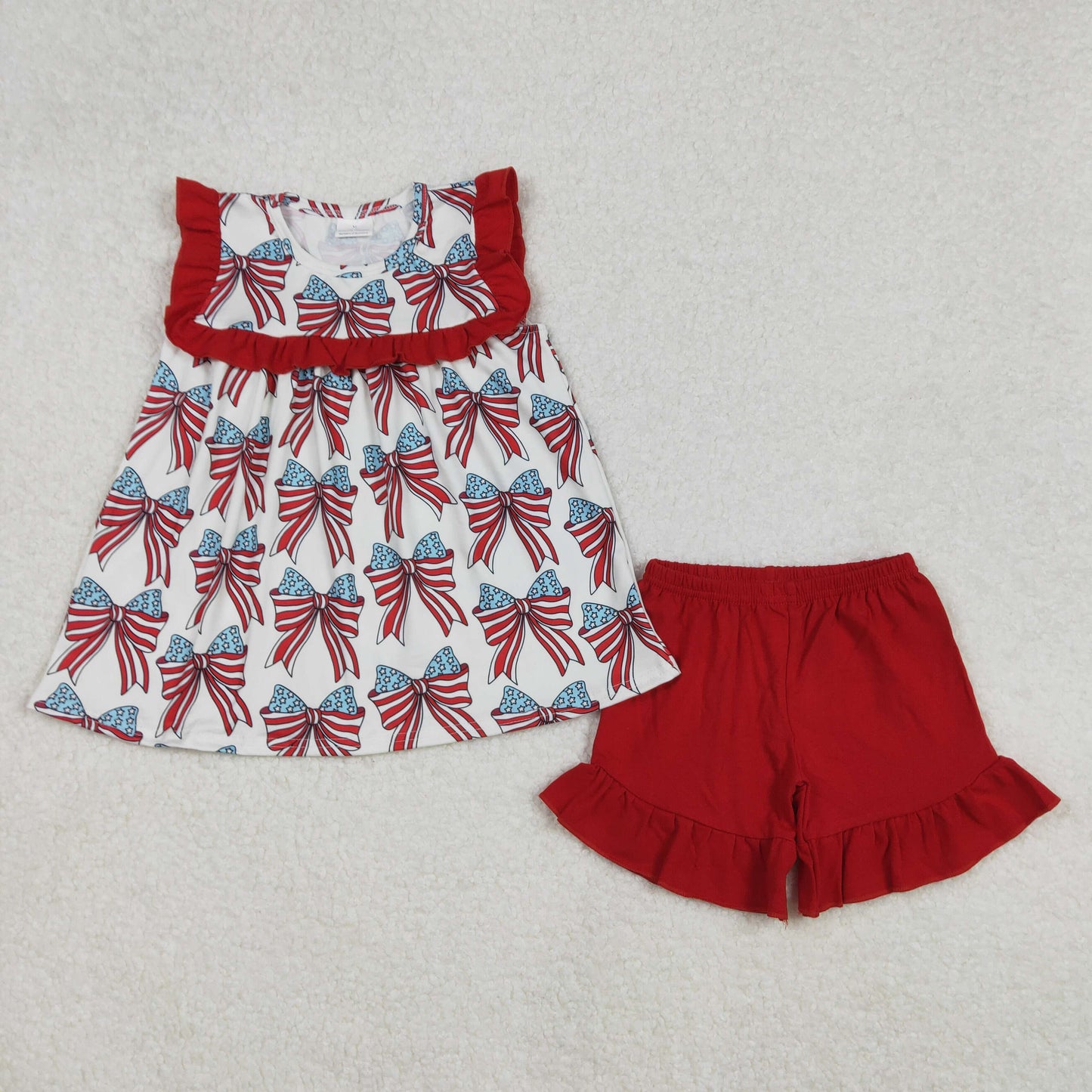 GSSO2019 July 4th flag bows ruffles sleeve red shorts girls set