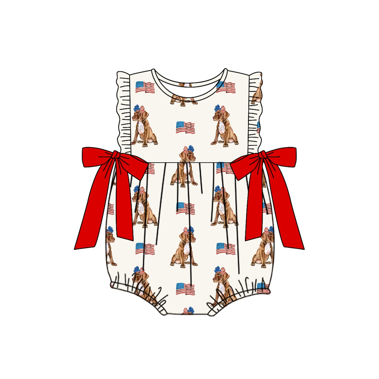 preorder SR3063 July 4th flag dog with bows red sleeveless girls romper