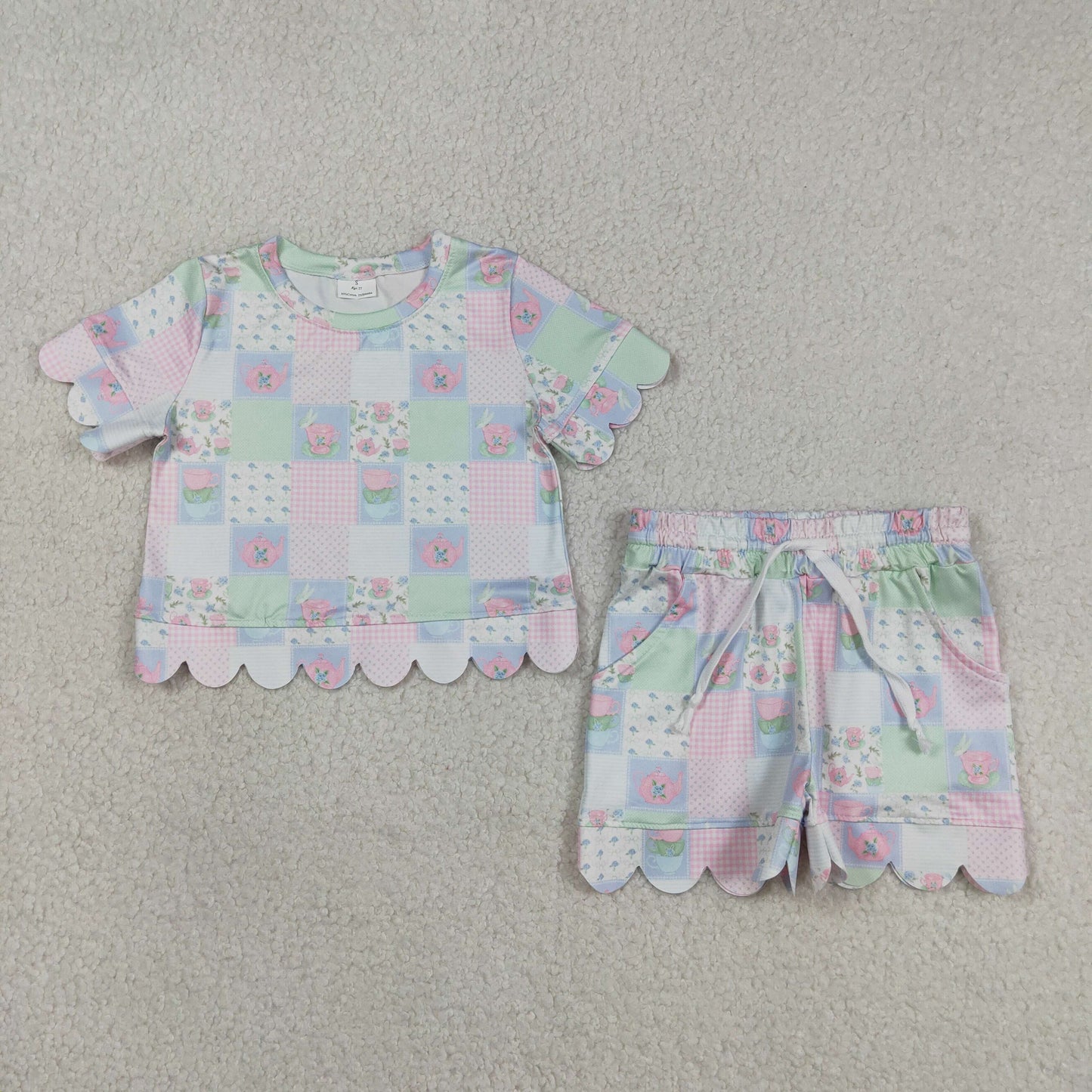 GSSO3229 Scallop Flowers Short Sleeve Shorts Girls Set