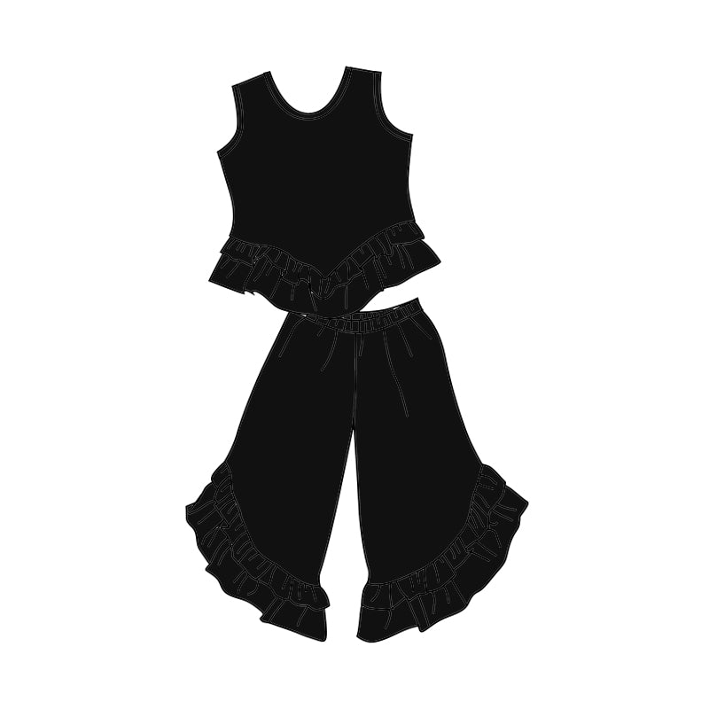 custom trendy black sleeveless pants girls ruffles set
