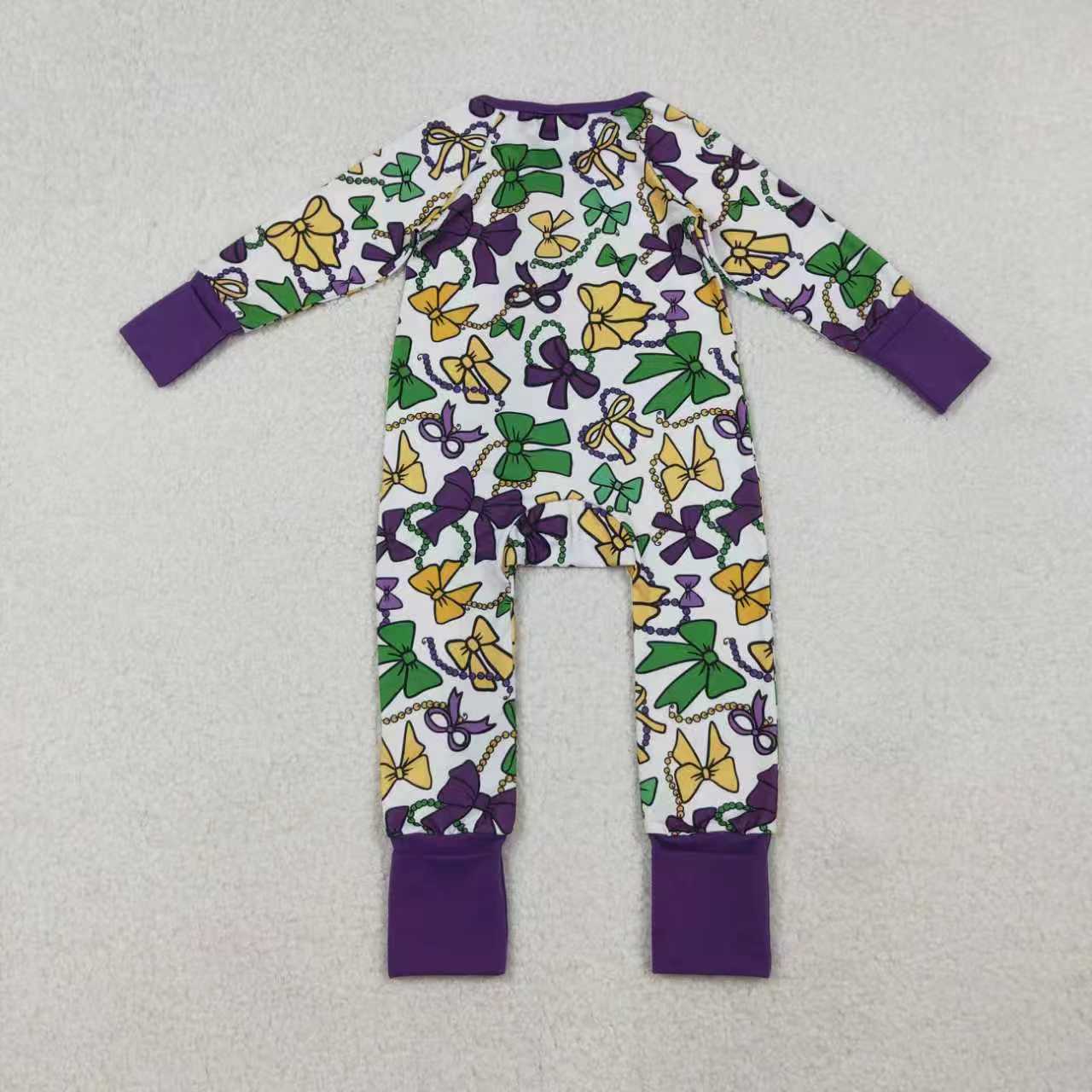 Mardi Gras green yellow purple bows romper/dress/pajamas RTS sibling clothes