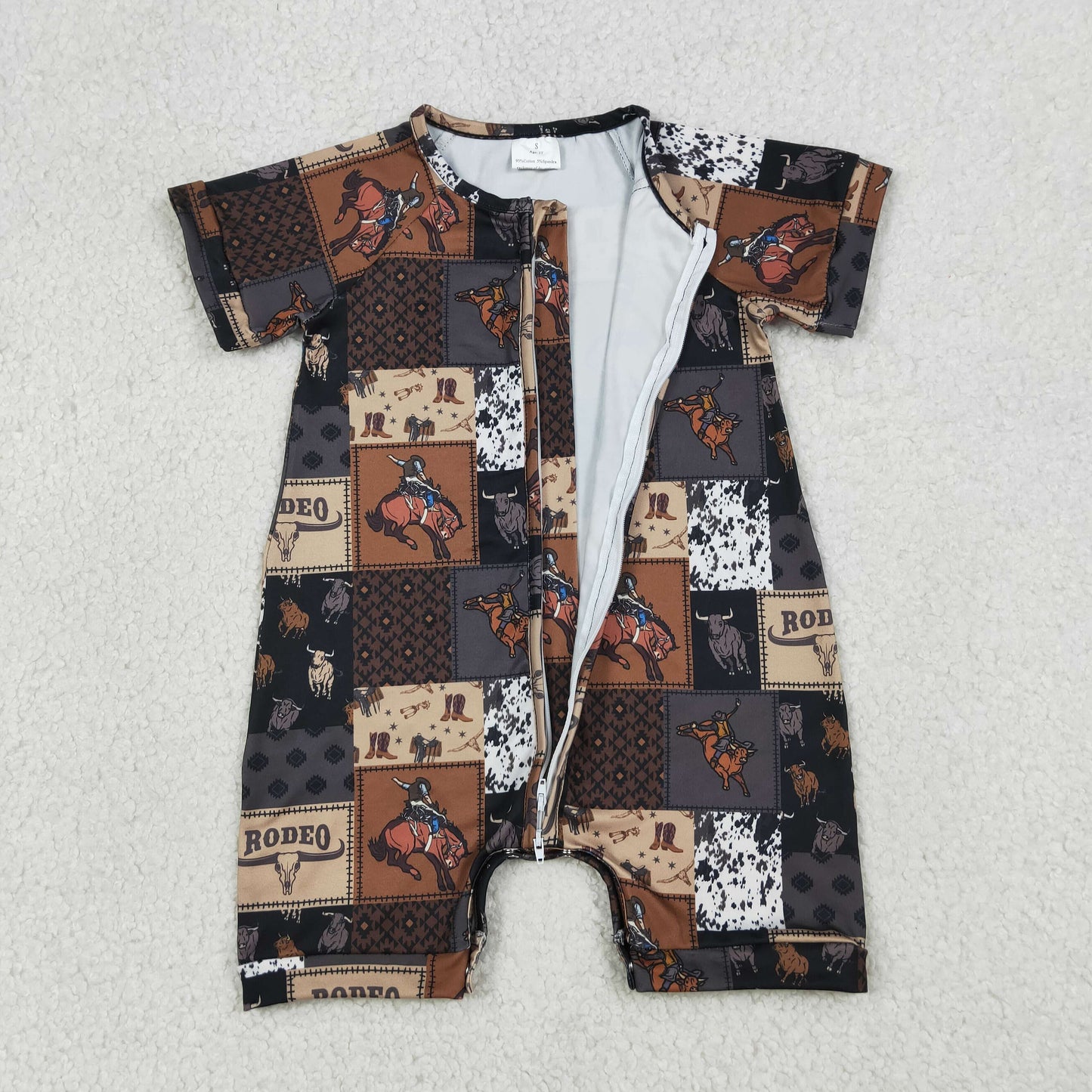 Embroidery lr2969 Cowboy Rodeo Zipper Short Sleeve Boys Romper
