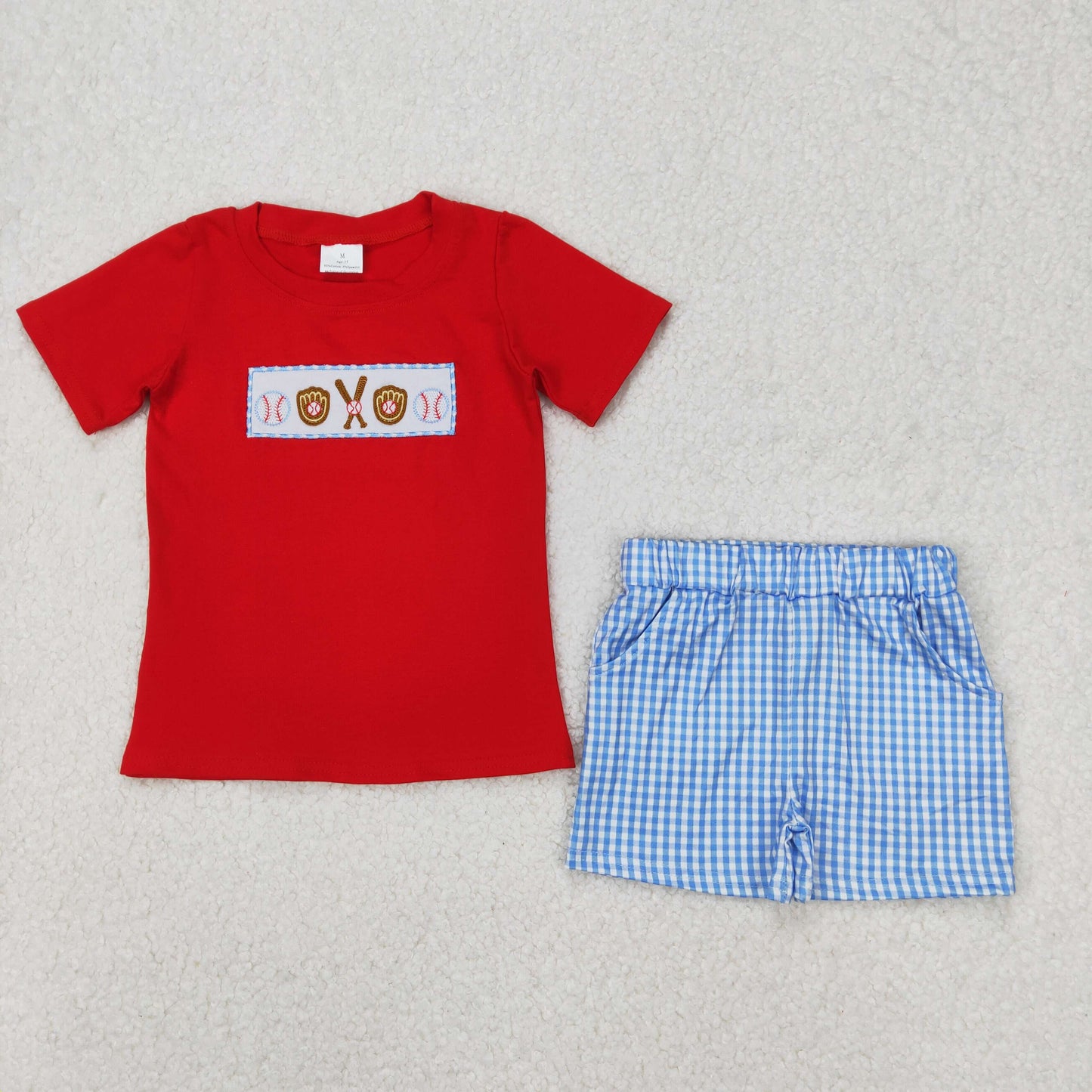 embroidery BSSO1283 play baseball red short sleeve blue checkered shorts boys set