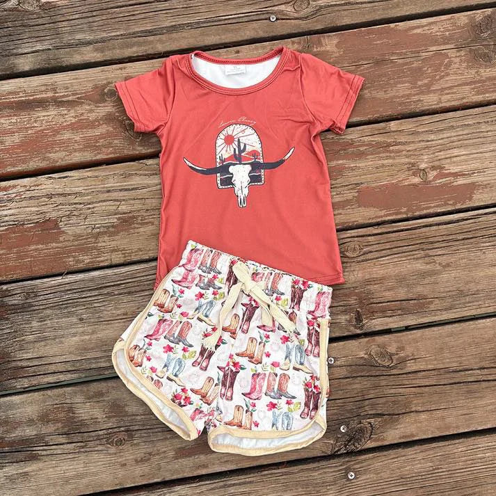 Western cow orange short sleeve hat shorts girls set