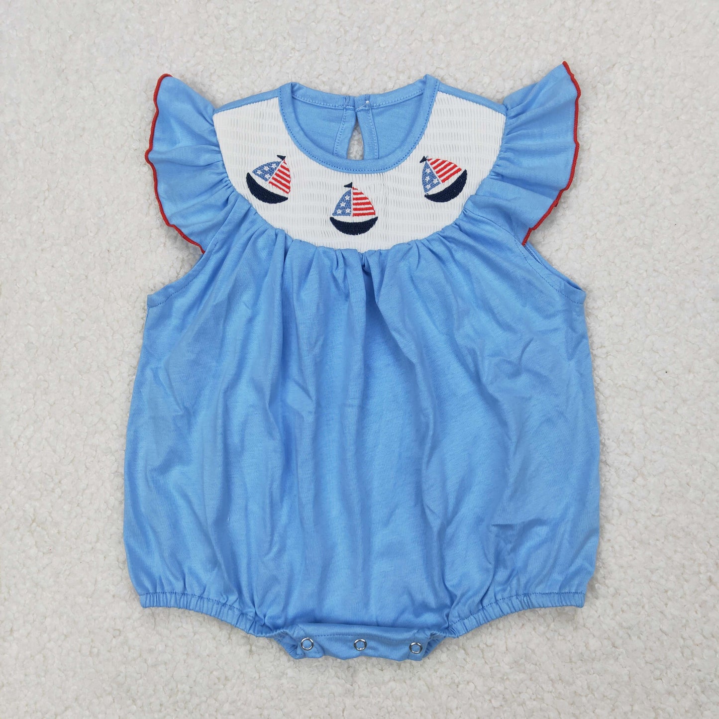 smocked SR2573 smocked July 4th flag sailboat blue flutter sleeve girls romper