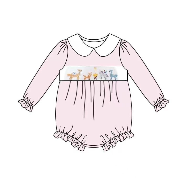 custom deer giraffe animals blue striped long sleeve girls romper