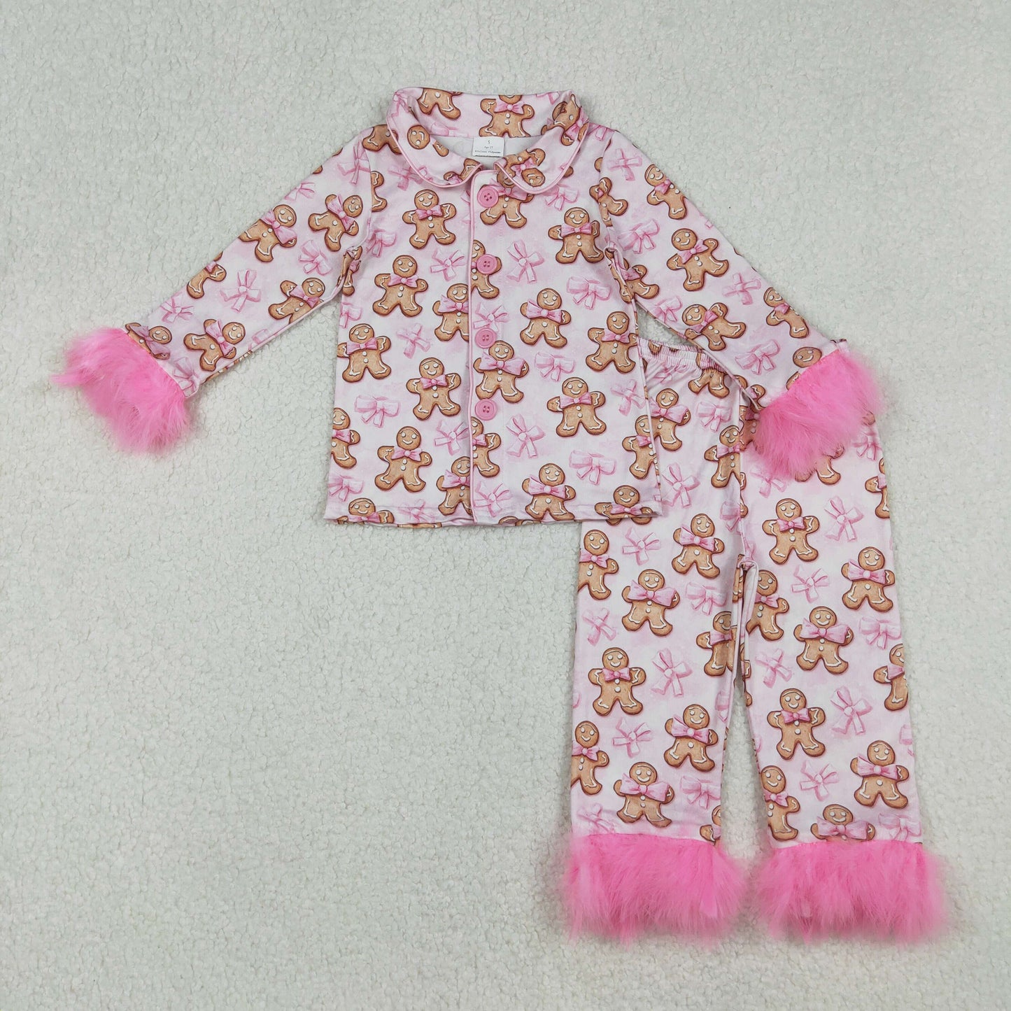 GLP2374 Christmas gingerbread man pink bows long sleeve pants girls fur pajamas