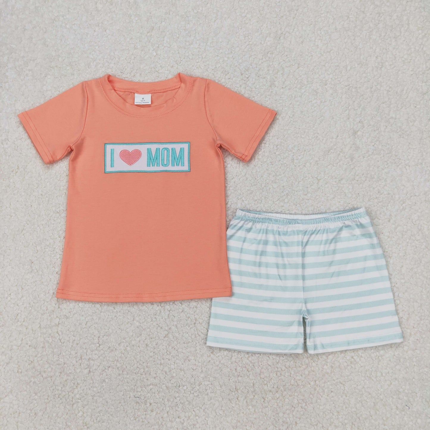 embroidery BSSO1435 i love mom orange short sleeve striped shorts boys set