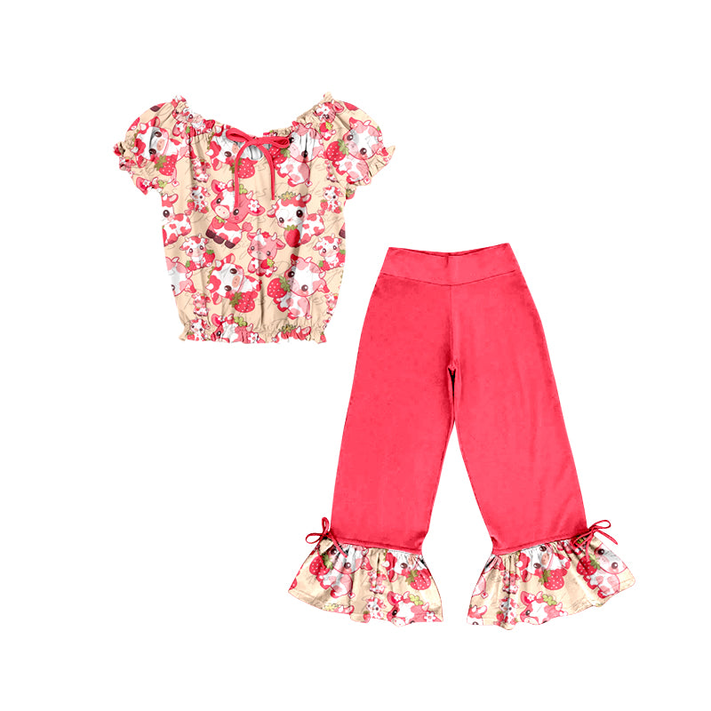 Custom Strawberry cow short sleeve watermelon red ruffles pants girls set moq 3