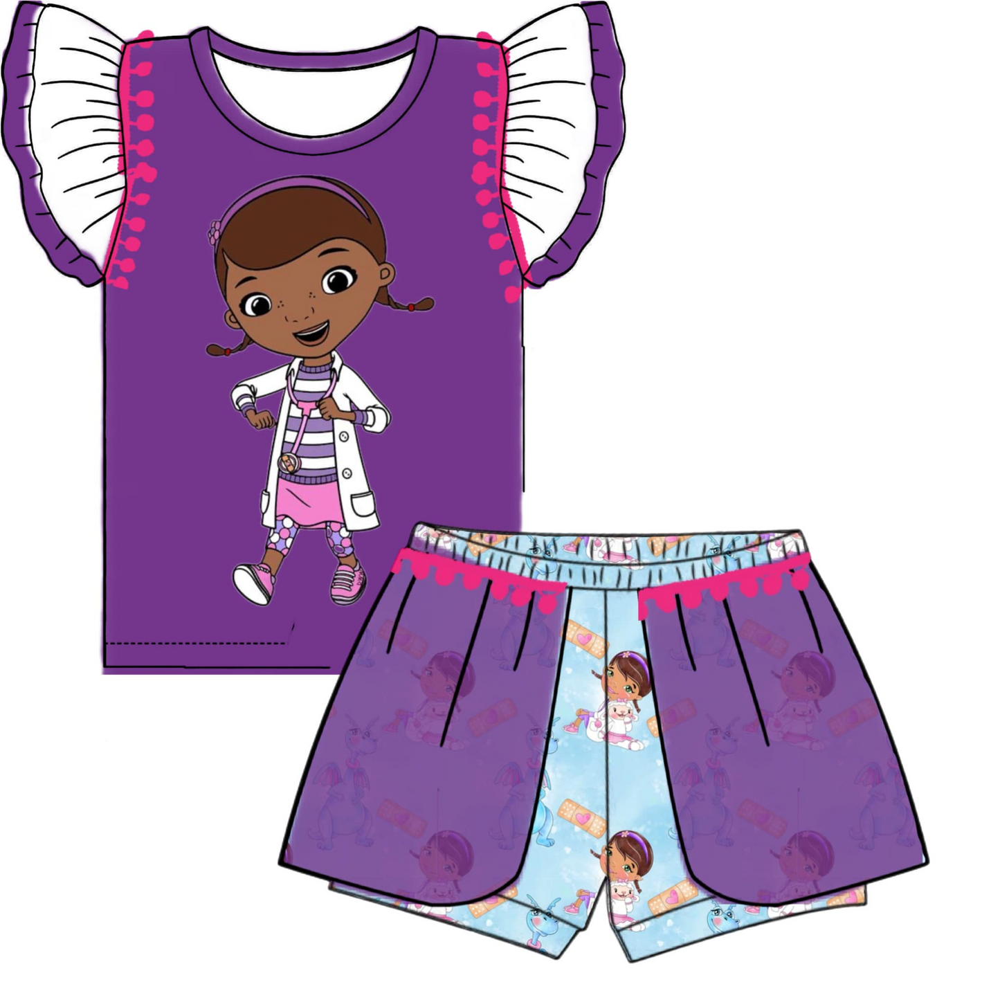custom style cartoon girl purple flutter sleeve shorts girls set 6-8 weeks