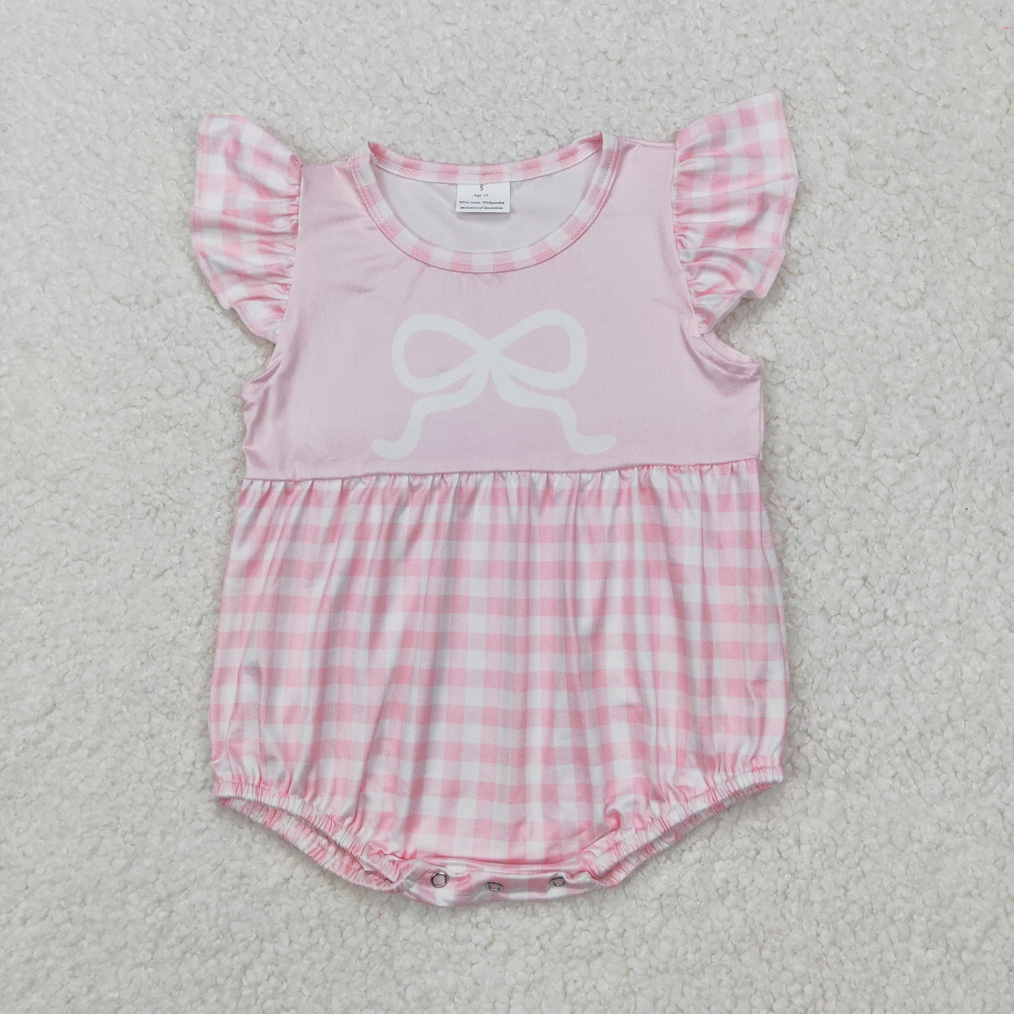 SR2135 bow pink checkered flutter sleeve girls romper