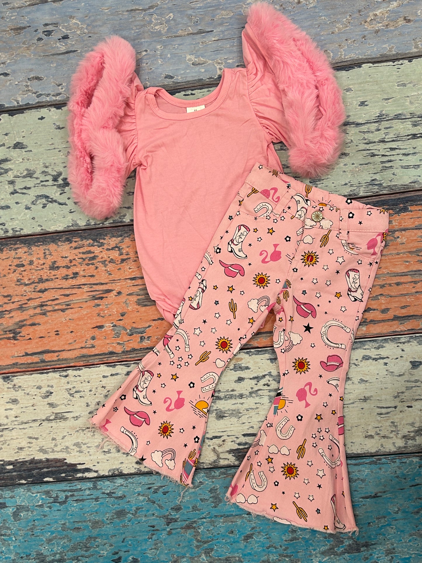 Valentine's Day Pink Fur Sleeve Romper Western BA Pink Jeans Girls Set