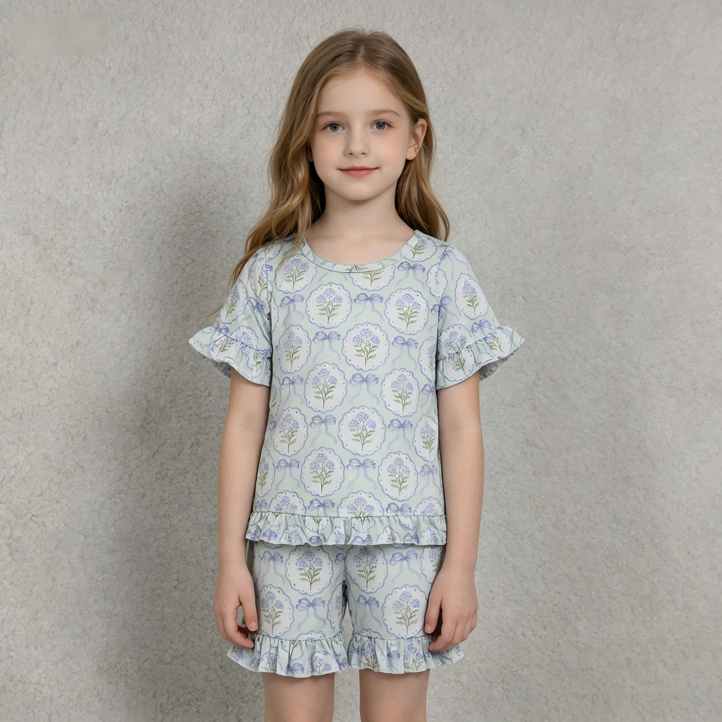 GSSO3323 Blue Bows Flowers Short Sleeve Shorts Girls Set