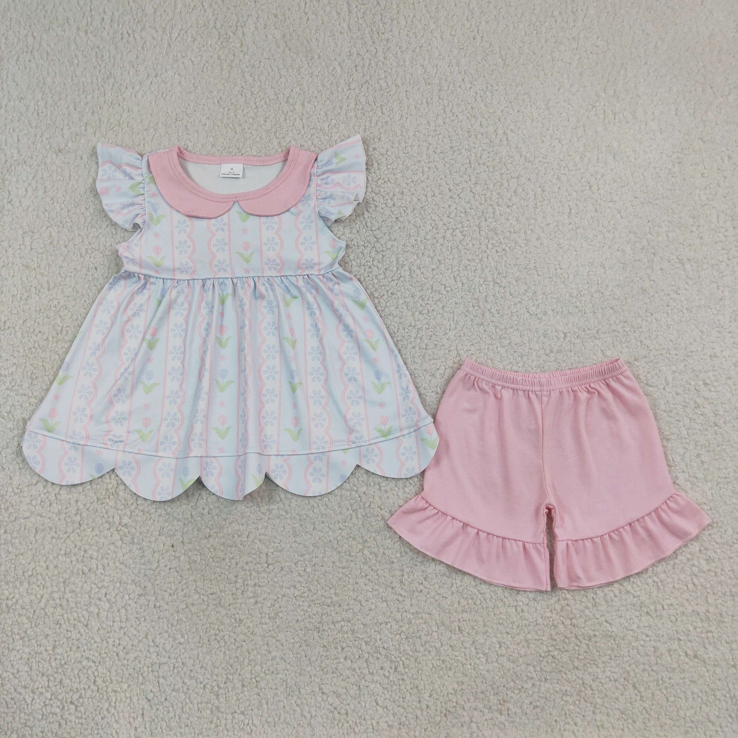 GSSO3490 Scallop Pink Flowers Short Sleeve Shorts Girls Set