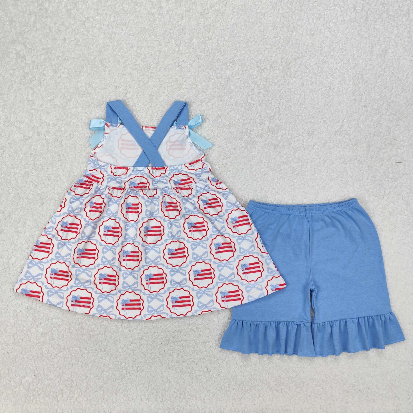 GSSO2074 July 4th flag blue bows camisole top blue shorts girls set