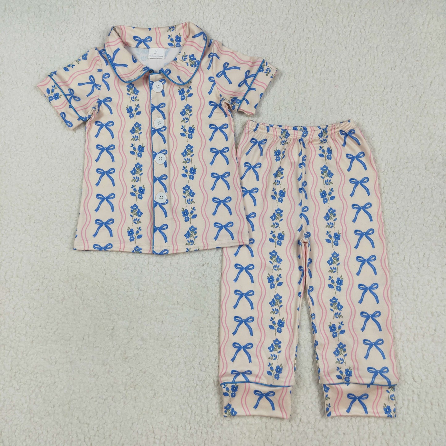 GSPO2050 blue flowers bows short sleeve pants girls pajamas