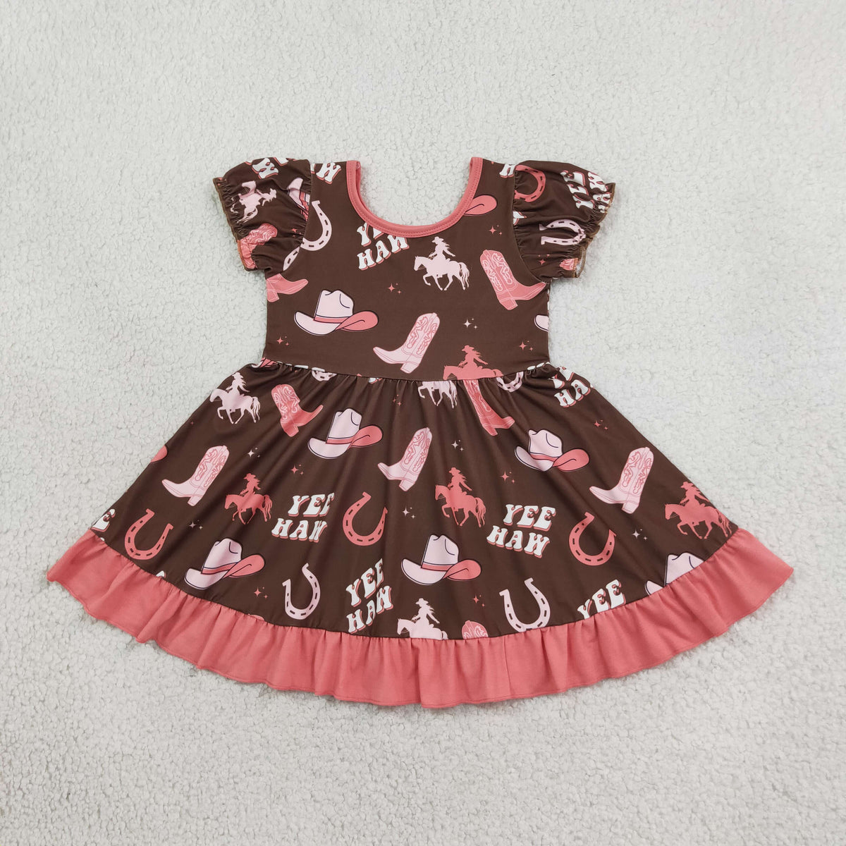 GSD0748 Western Yee Haw Boot Hat Horse Shoe Red Short Sleeve Girls Dress