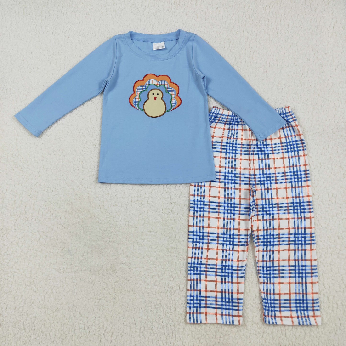 embroidery BLP1079 Thanksgiving turkey blue long sleeve checkered pants boys set