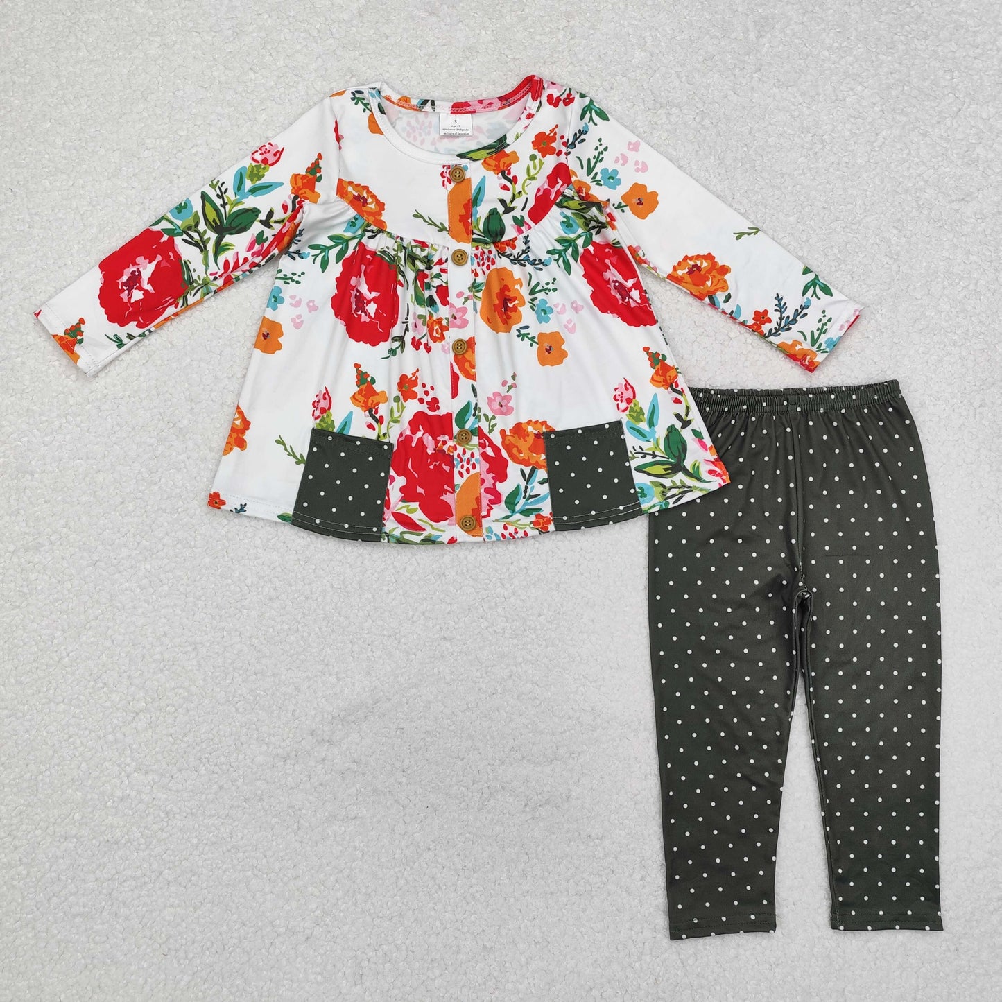 GLP1851 red flowers pockets long sleeve green dot pants girls set