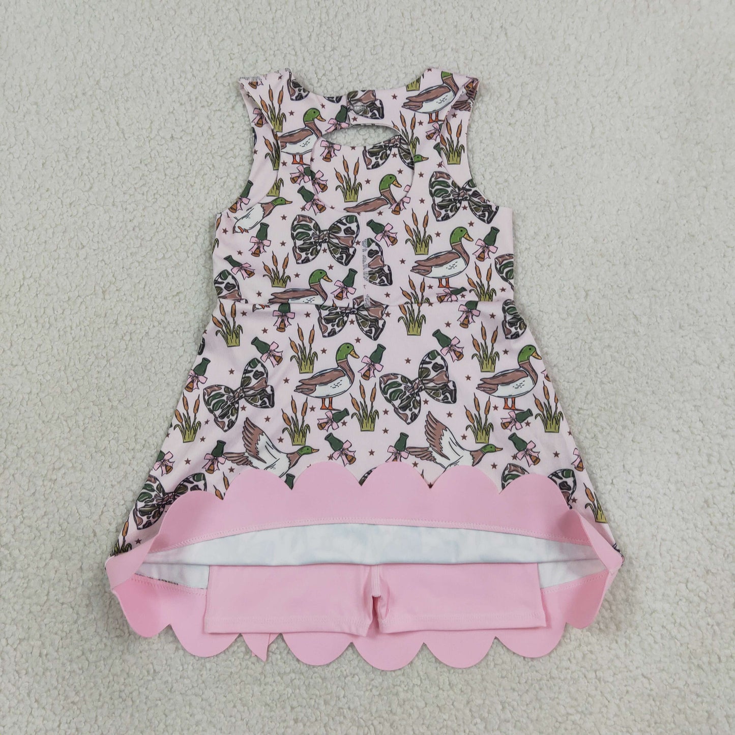 GSD4009 Yoga Scallop Camo Bows Mallard Shorts Sleeveless Girls Dress