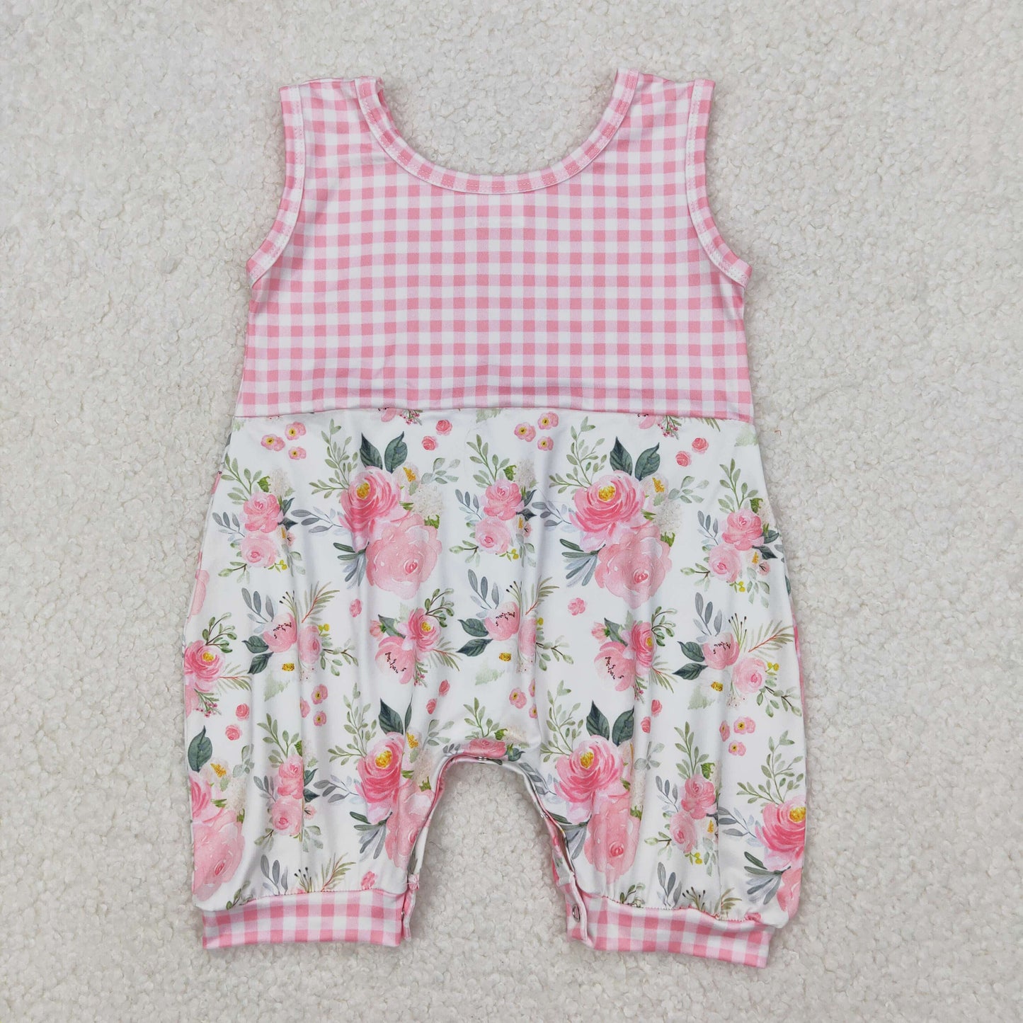 SR2678 Summer flowers pink checkered girls romper