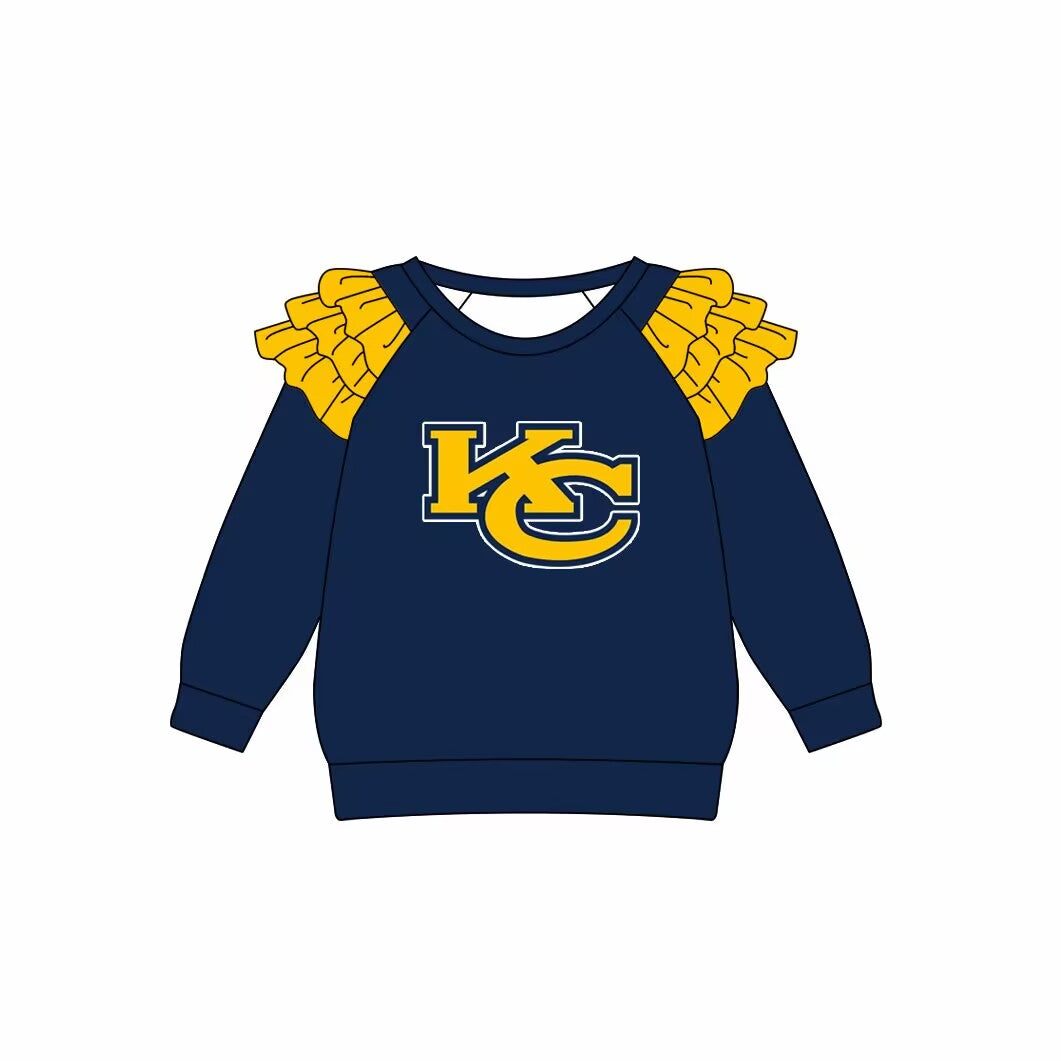 custom moq 3 football team KC navy blue long sleeve girls ruffles top