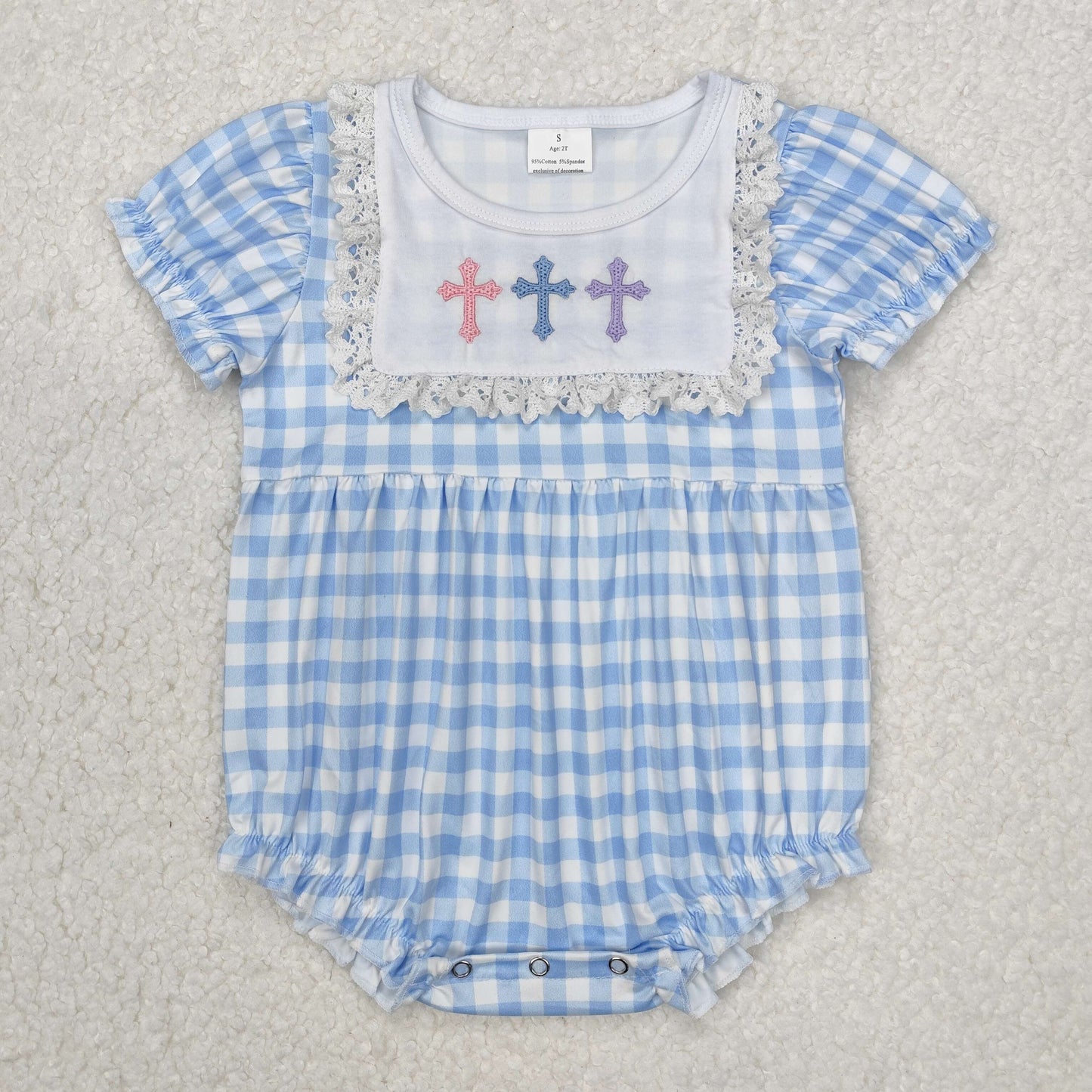 embroidery SR2133 Easter cross blue checkered short sleeve girls romper