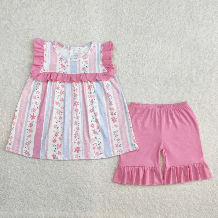 blue bows/pink flowers Summer girls set RTS sibling clothes