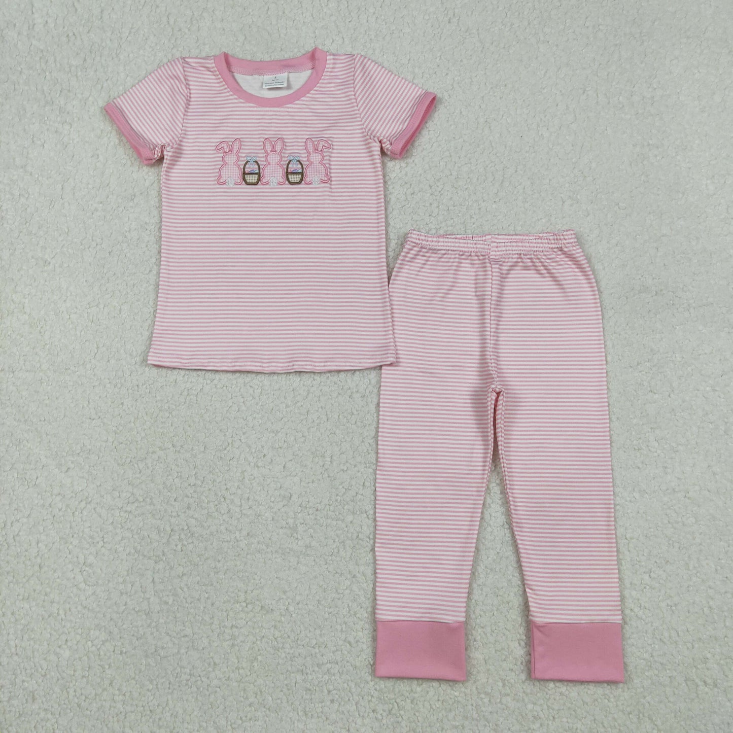 Embroidery GSPO2117 Easter bunny rabbit pink striped short sleeve pants girls pajamas