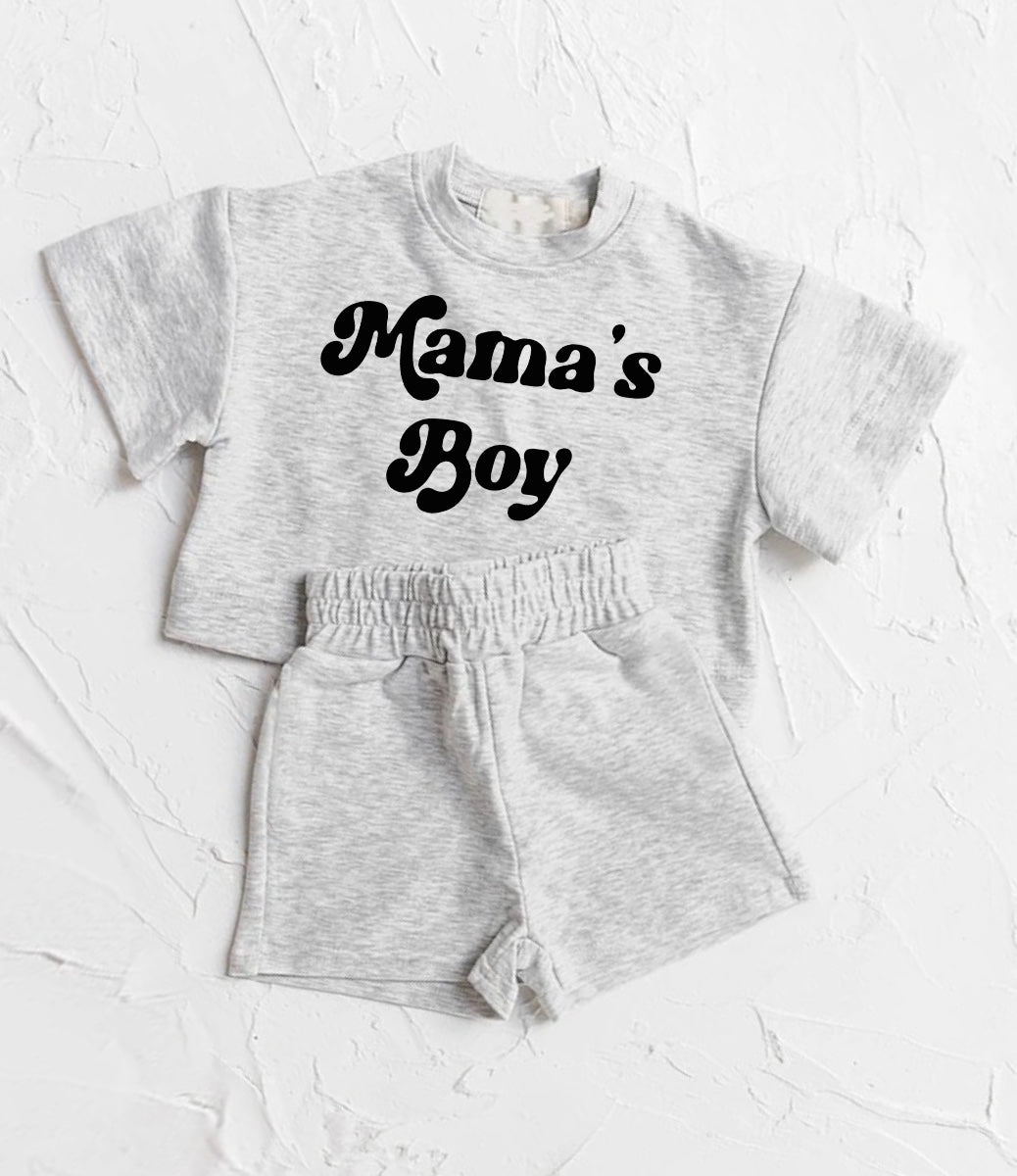 custom moq 3 mama's boy grey short sleeve shorts boys set