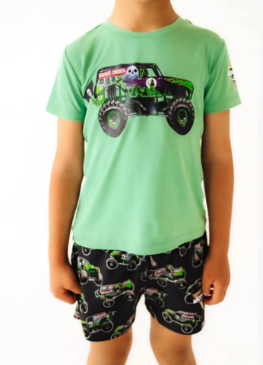 custom cartoon car green short sleeve ruffles shorts boys set