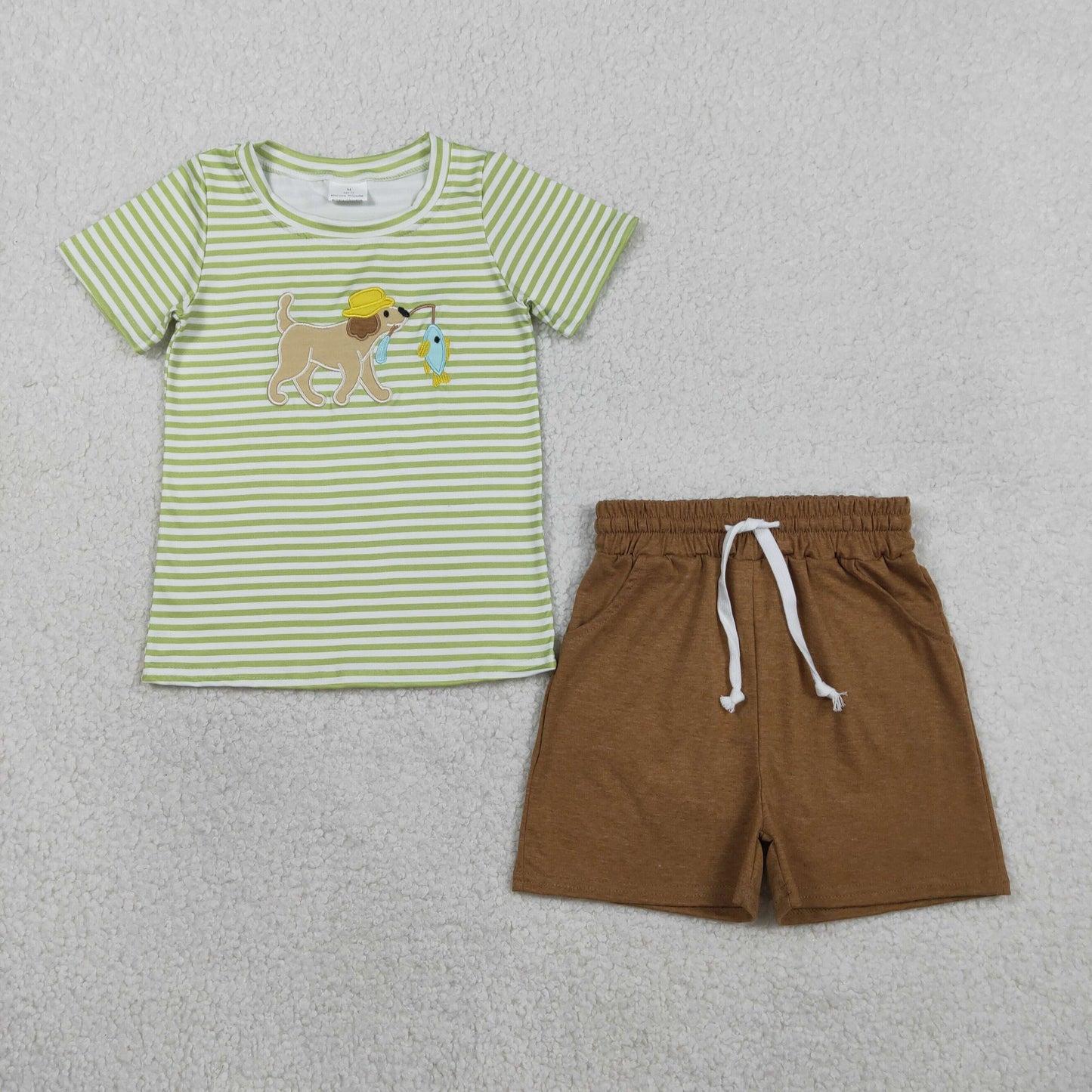 Embroidery BSSO1768 Fishing Dog Green Striped Short Sleeve Brown Shorts Boys Set