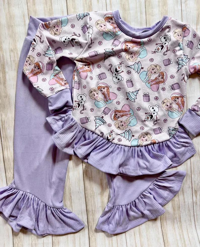 Preorder GLP2201 cartoon princess snowman purple long sleeve pants girls set