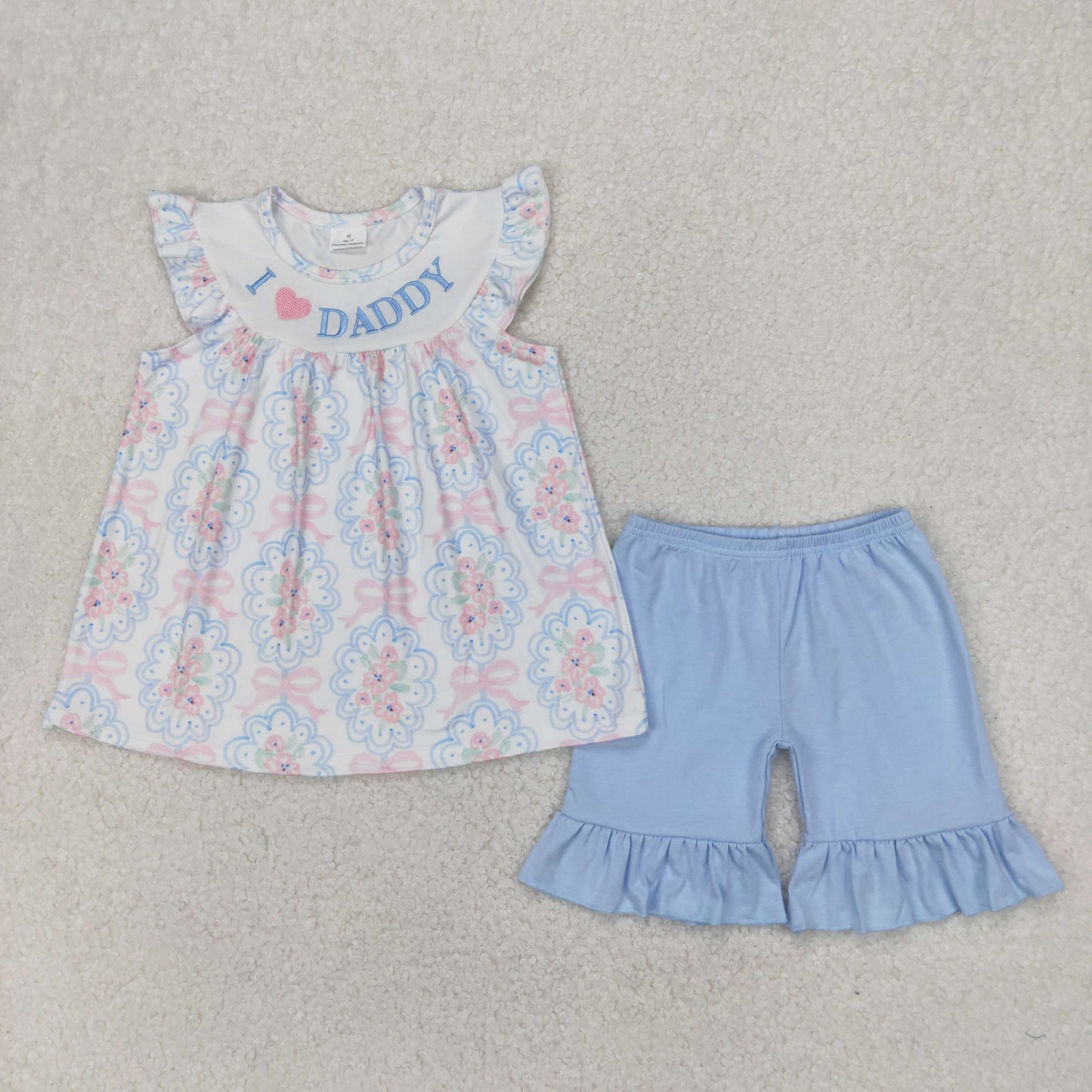 embroidery GSSO2407 i love daddy flowers bows flutter sleeve blue shorts girls set