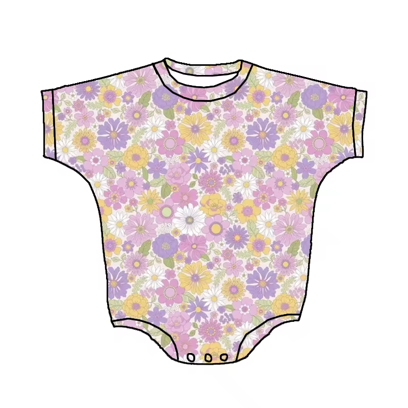 Custom purple flowers colorful flowers short sleeve girls romper
