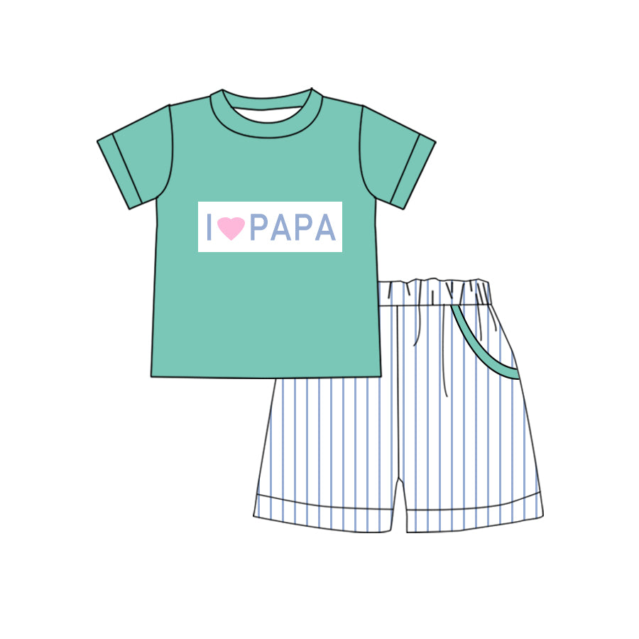 Custom I love papa green short sleeve green striped shorts boys set moq 3