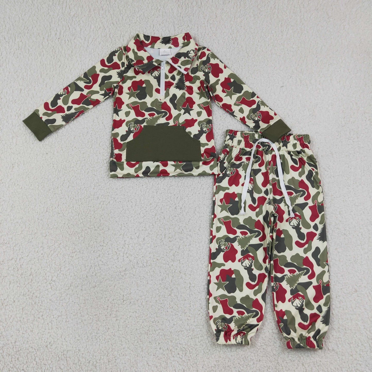BLP1486 Christmas Hunting Camo Deer Pocket Long Sleeve Pants Boys Set