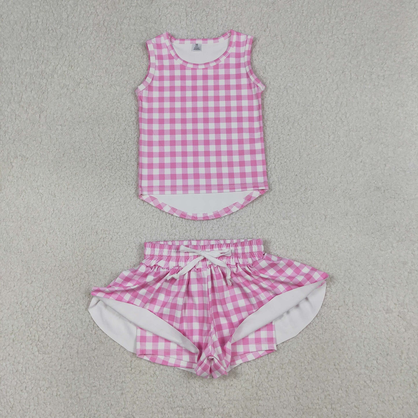 GSSO3478 Yoga Pink Checkered Sleeveless Shorts Girls Set