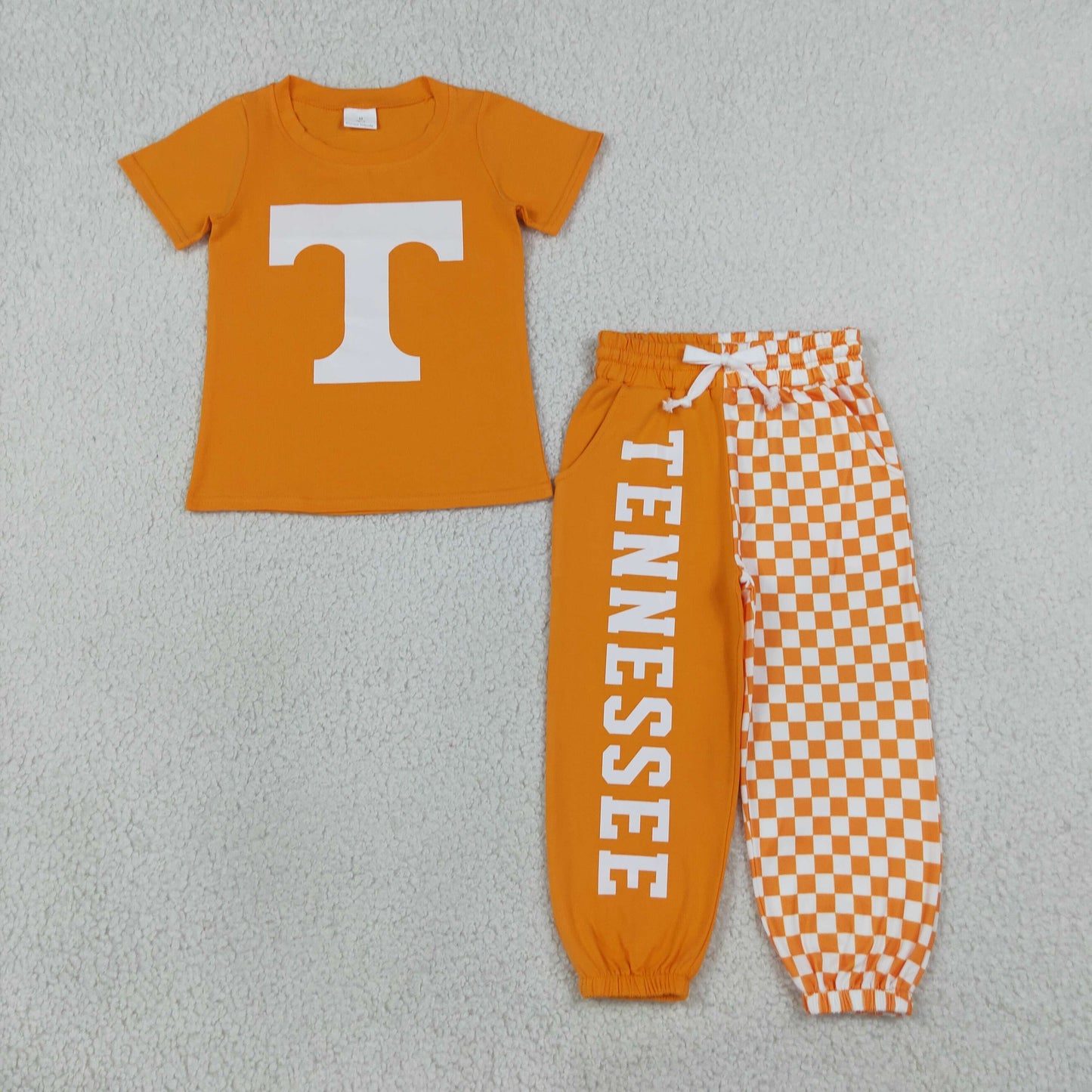 BSPO0695 Offset Printing TENNESSEE Orange Short Sleeve Checkered Pants Boys Set