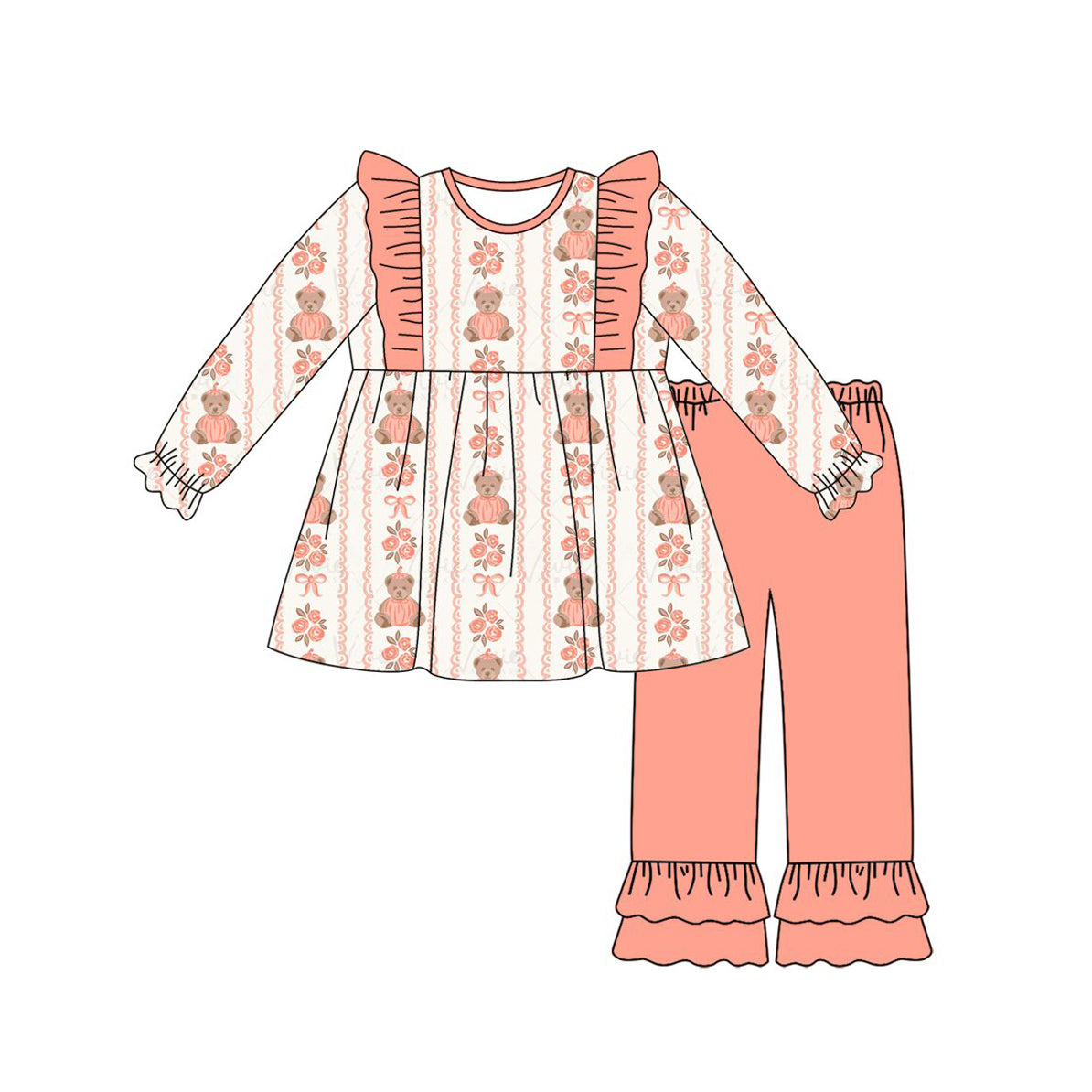 preorder GLP3407 Pumpkin Bear Flowers Long Sleeve Pants Girls Set