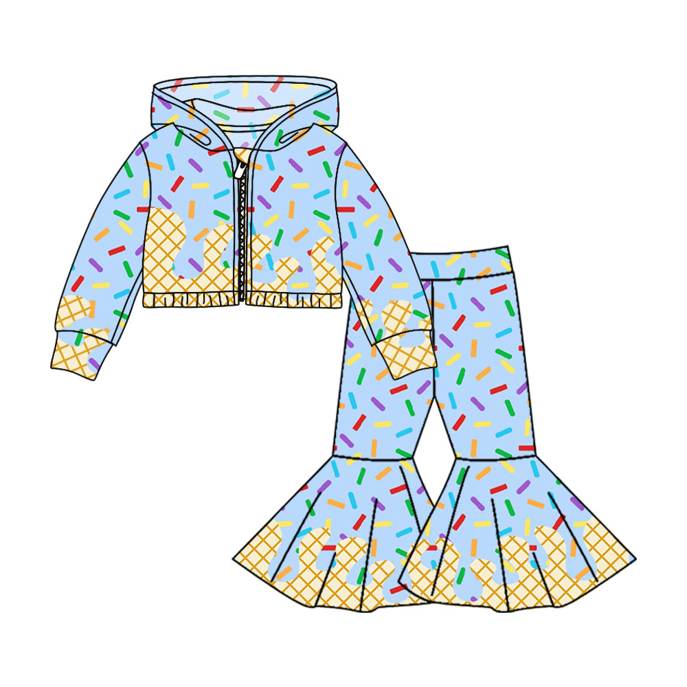custom moq 3 blue ice hoodie long sleeve coat pants girls set