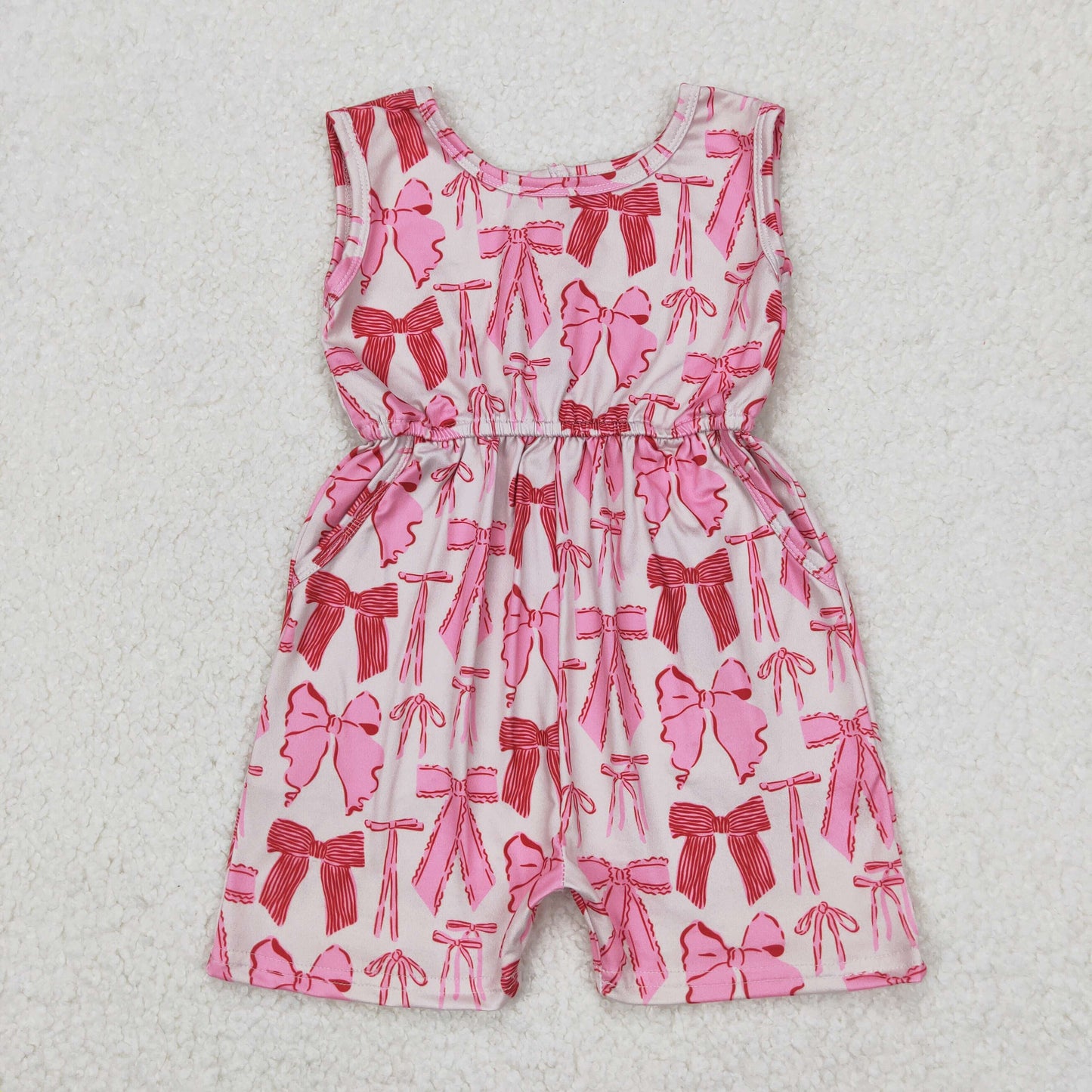 SR2670 pink red bows pockets sleeveless girls jumpsuits